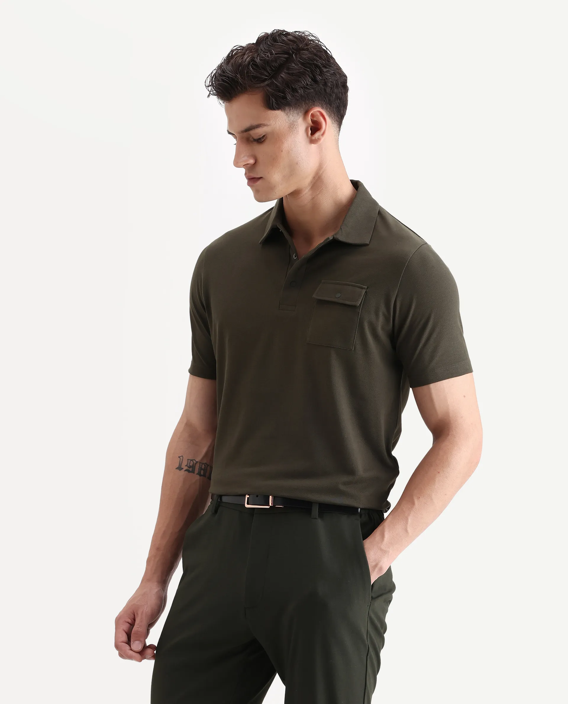 Rare Rabbit Men's Paxton Olive Cotton Plain Regular Fit Half Sleeve Polo - Image 5