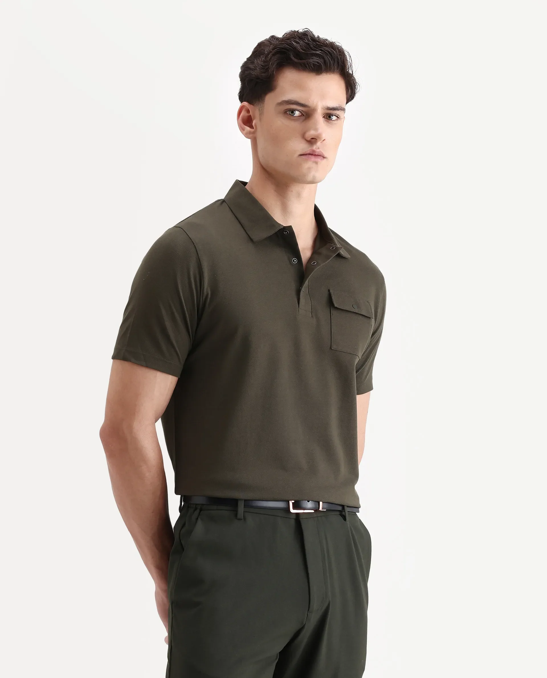 Rare Rabbit Men's Paxton Olive Cotton Plain Regular Fit Half Sleeve Polo - Image 6