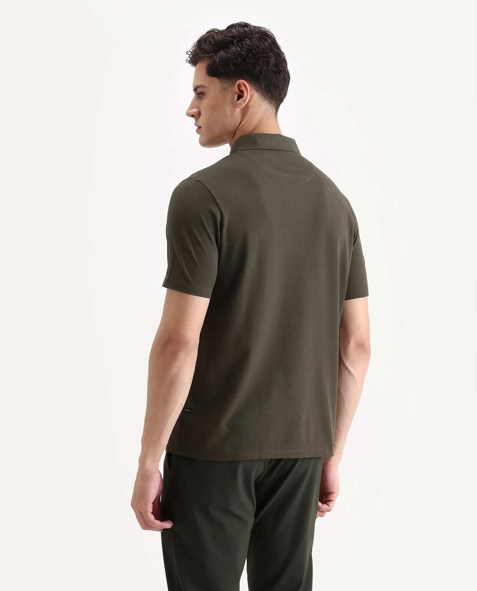 Rare Rabbit Men's Paxton Olive Cotton Plain Regular Fit Half Sleeve Polo - Image 7