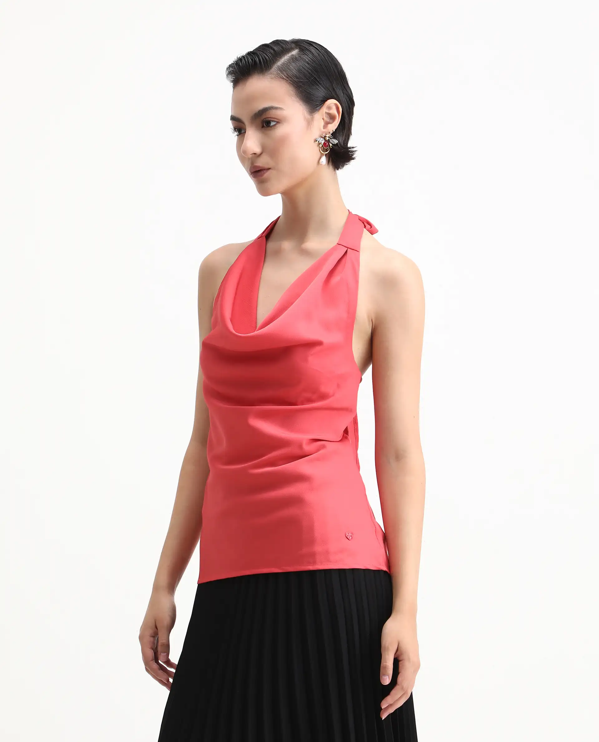 Rareism Women's Paxton Pastel Orange Satin Halter Neck Plain Sleeveless Regular Fit Top - Image 3