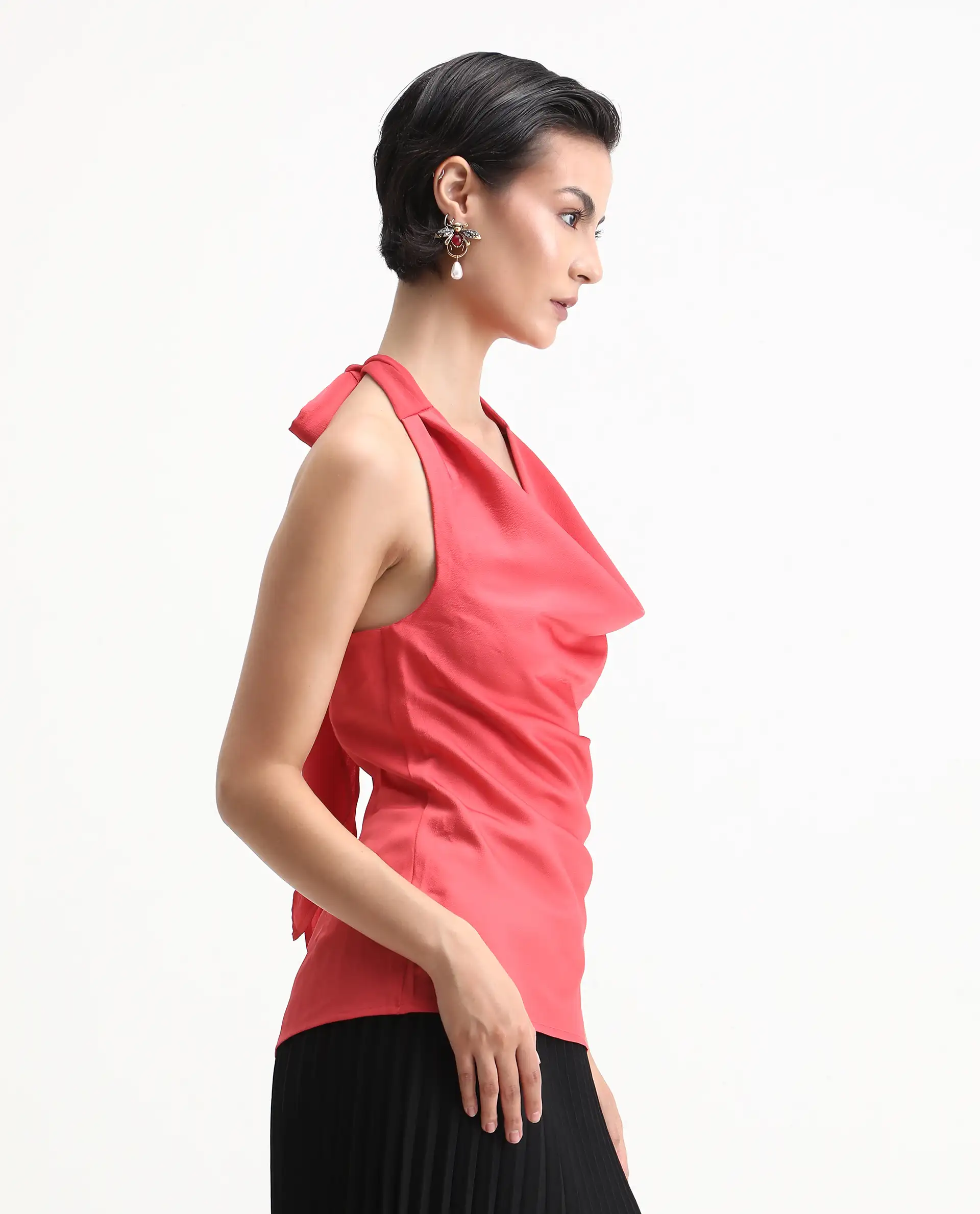 Rareism Women's Paxton Pastel Orange Satin Halter Neck Plain Sleeveless Regular Fit Top - Image 4