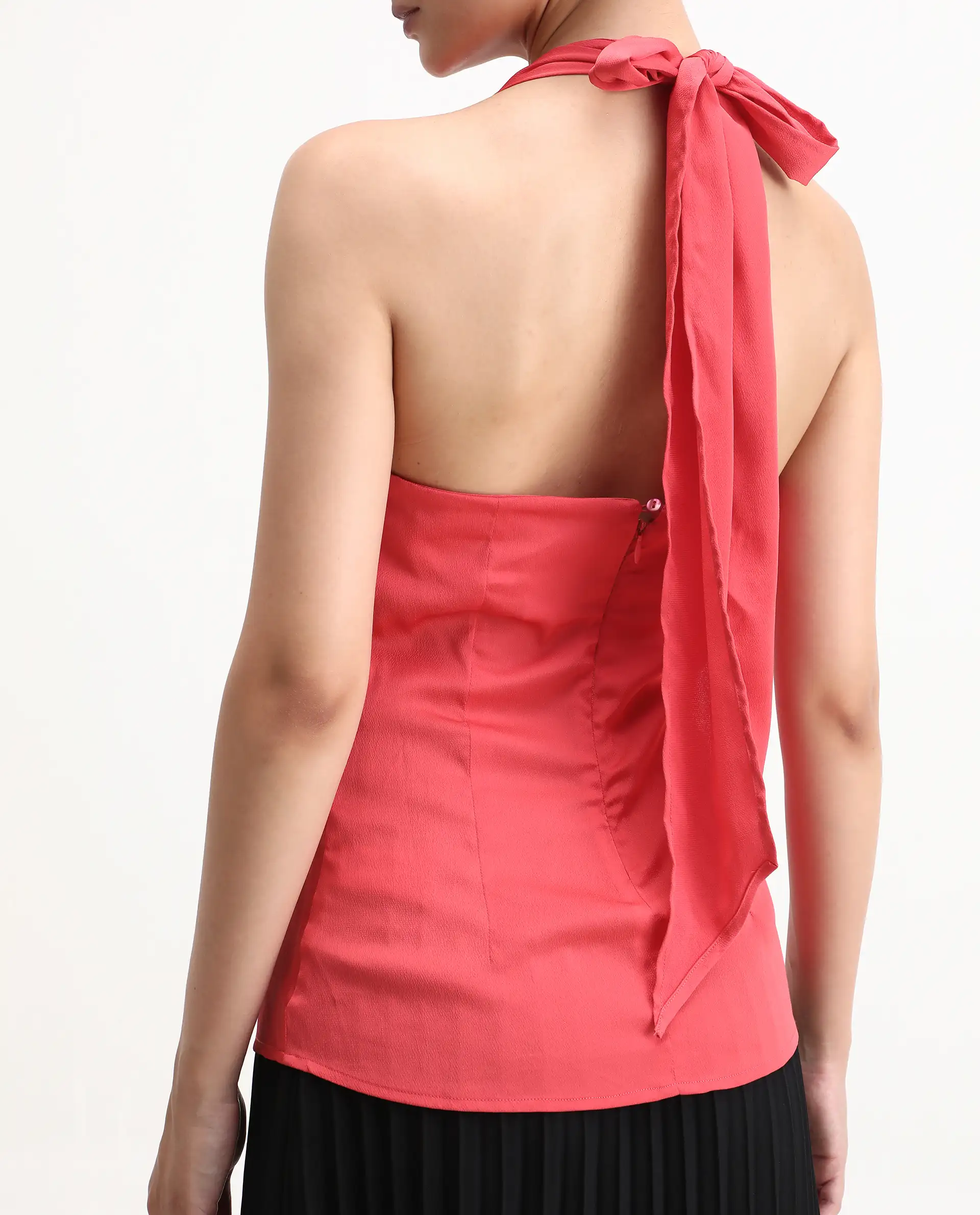 Rareism Women's Paxton Pastel Orange Satin Halter Neck Plain Sleeveless Regular Fit Top - Image 5