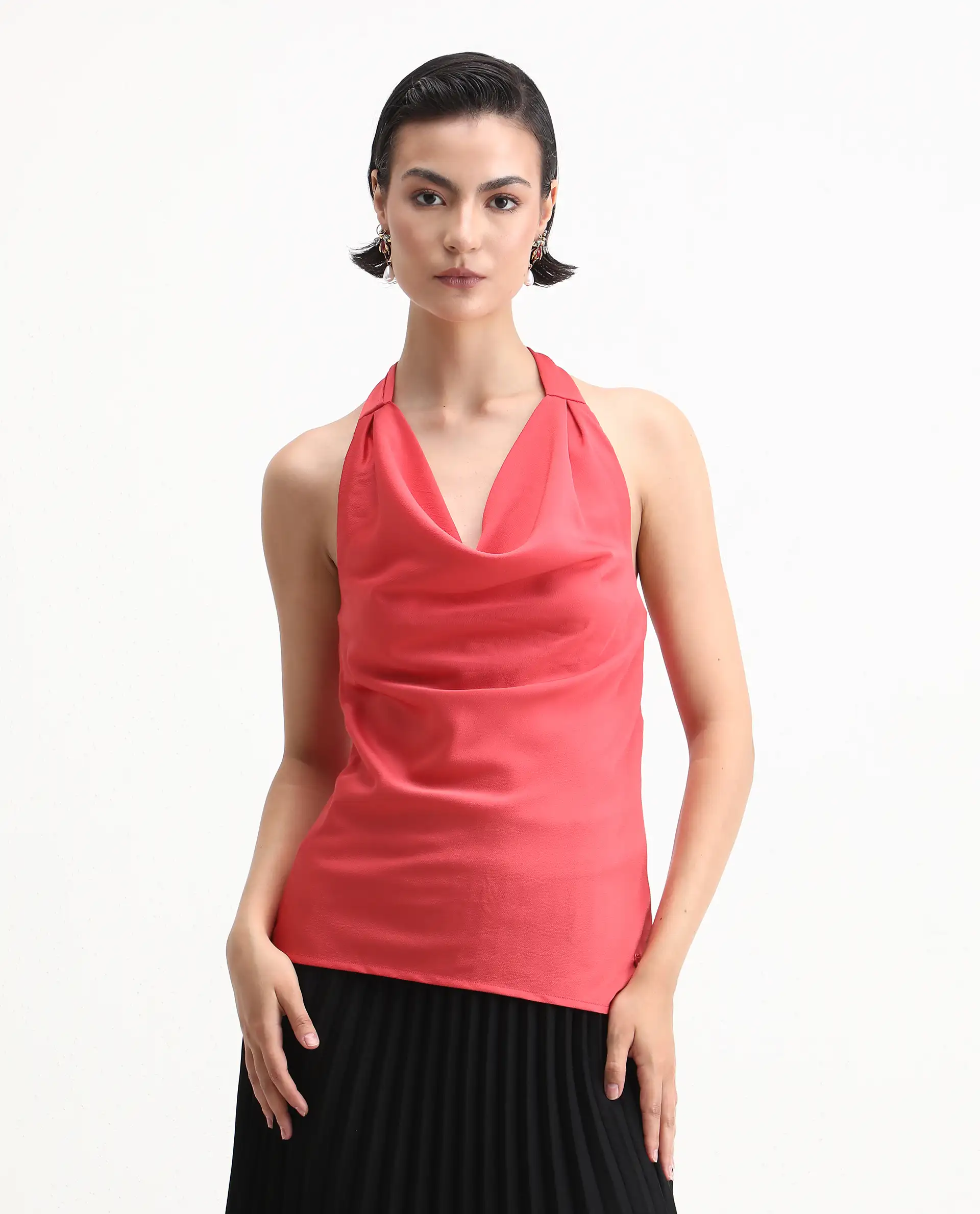 Rareism Women's Paxton Pastel Orange Satin Halter Neck Plain Sleeveless Regular Fit Top - Image 6