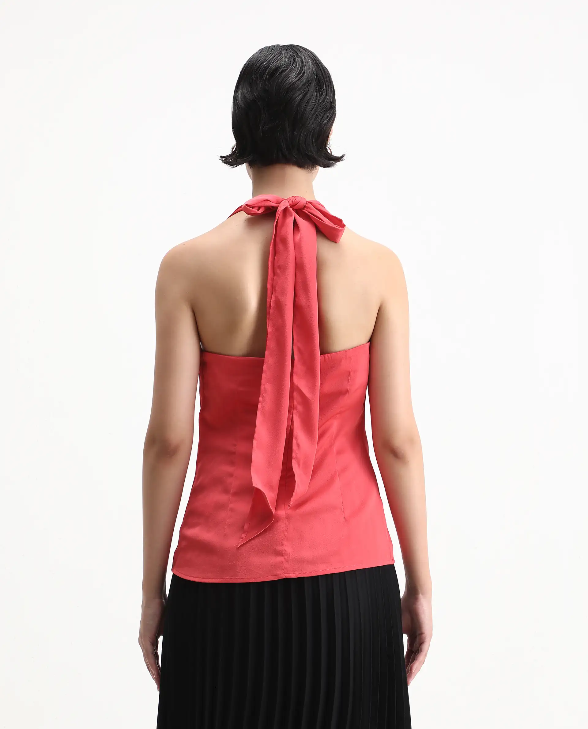 Rareism Women's Paxton Pastel Orange Satin Halter Neck Plain Sleeveless Regular Fit Top - Image 8