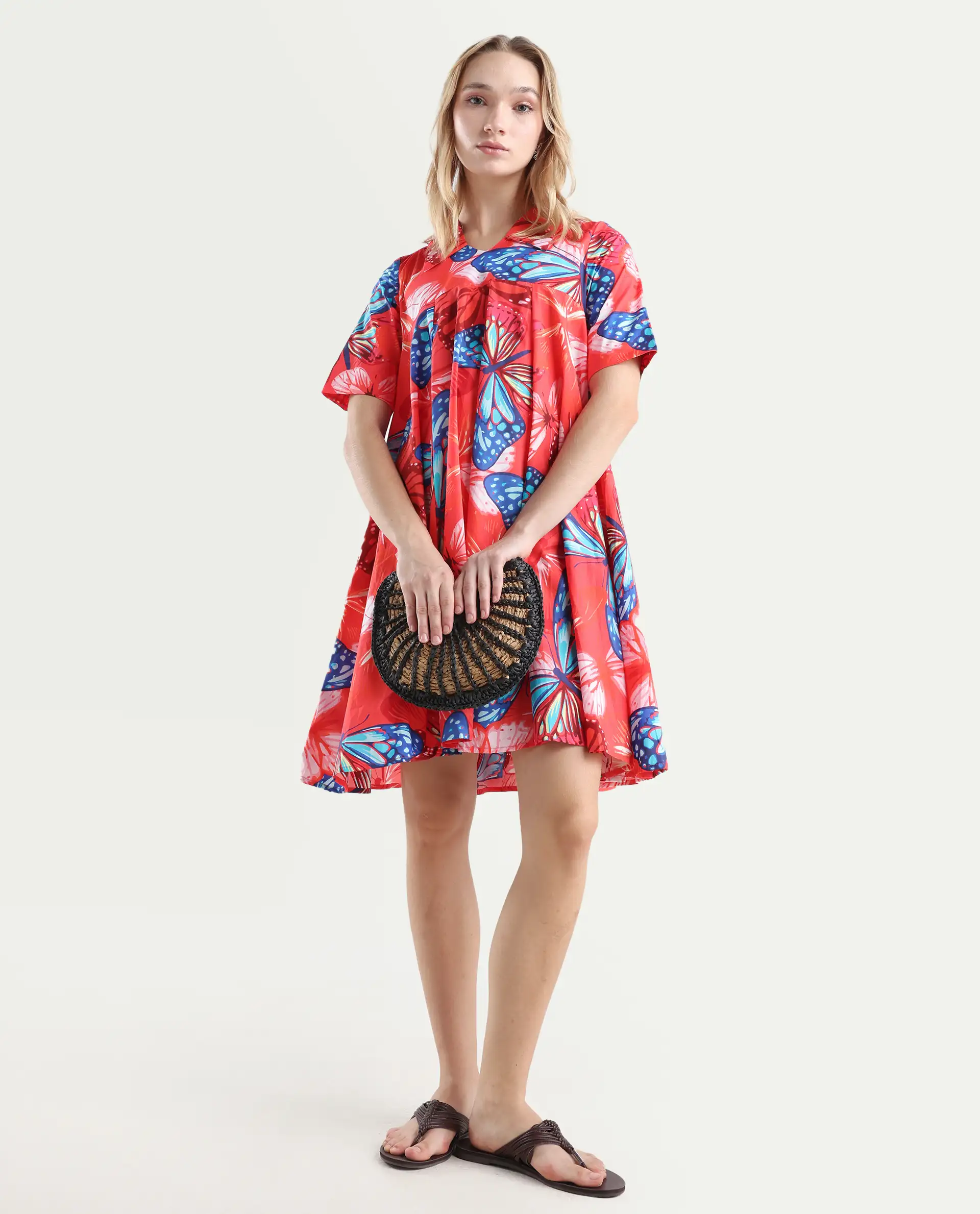 Rareism Women's Payne Multi Cotton Crew Neck Graphic Print Knee Length Fit And Flare Dress
