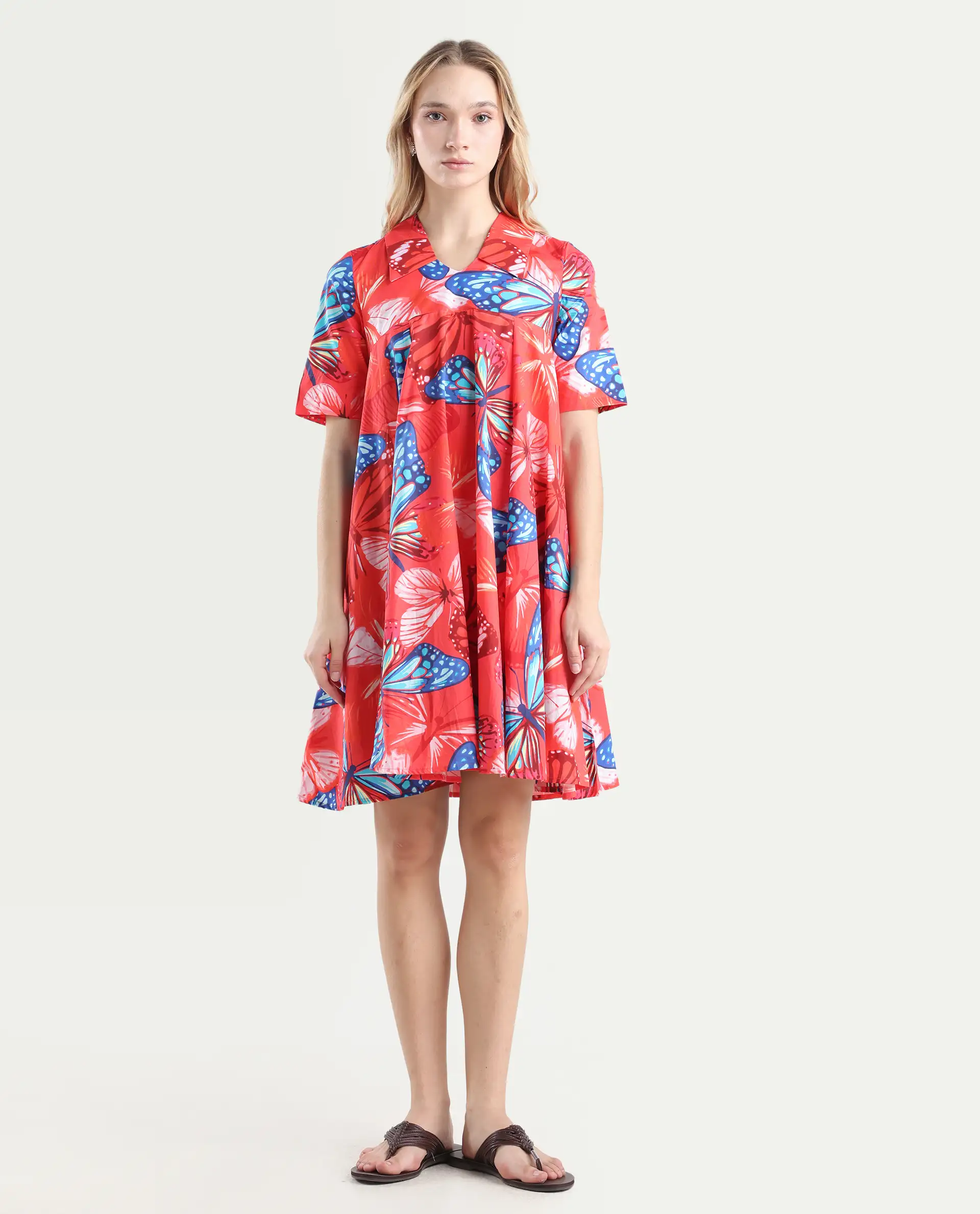 Rareism Women's Payne Multi Cotton Crew Neck Graphic Print Knee Length Fit And Flare Dress - Image 2