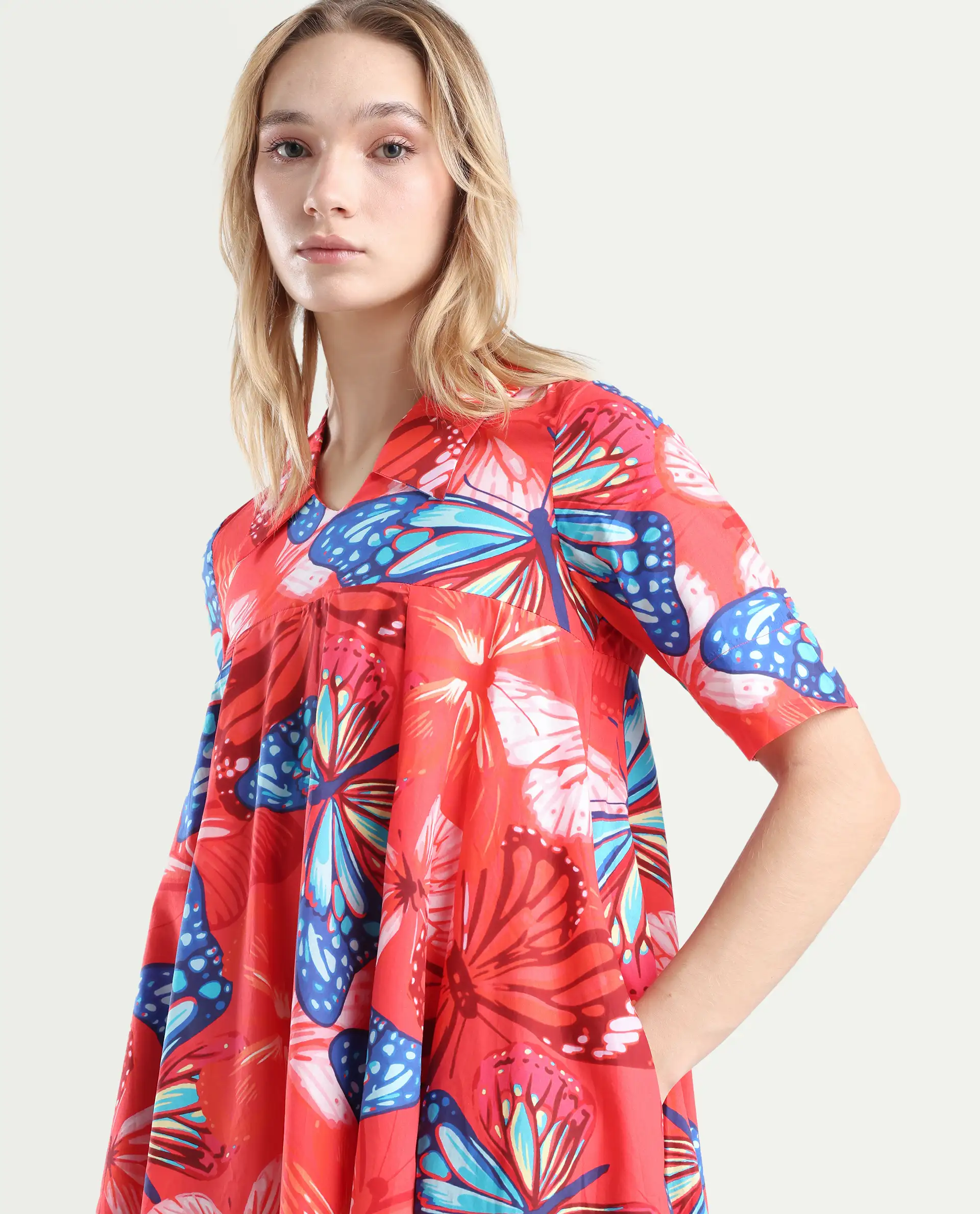 Rareism Women's Payne Multi Cotton Crew Neck Graphic Print Knee Length Fit And Flare Dress - Image 3