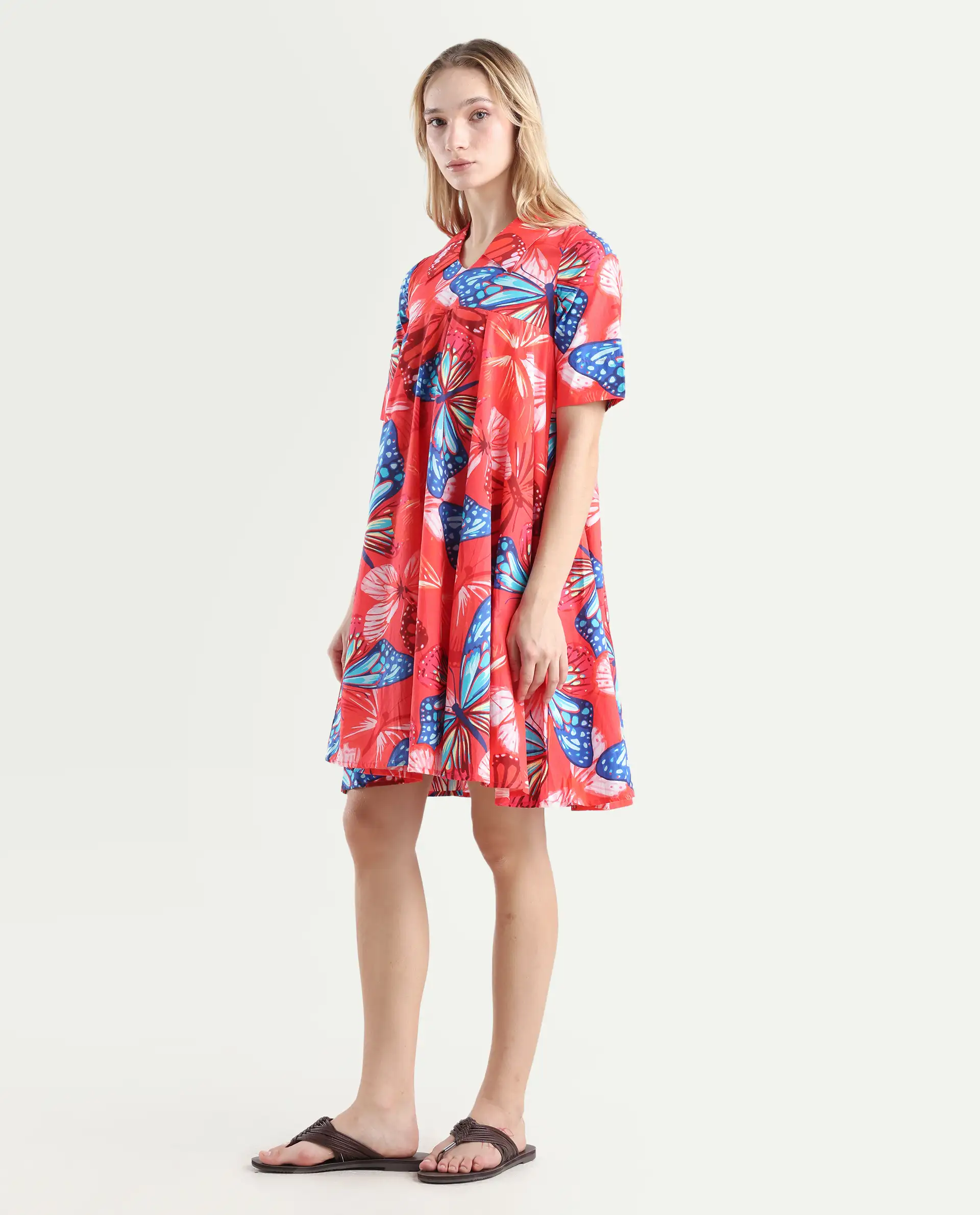 Rareism Women's Payne Multi Cotton Crew Neck Graphic Print Knee Length Fit And Flare Dress - Image 4