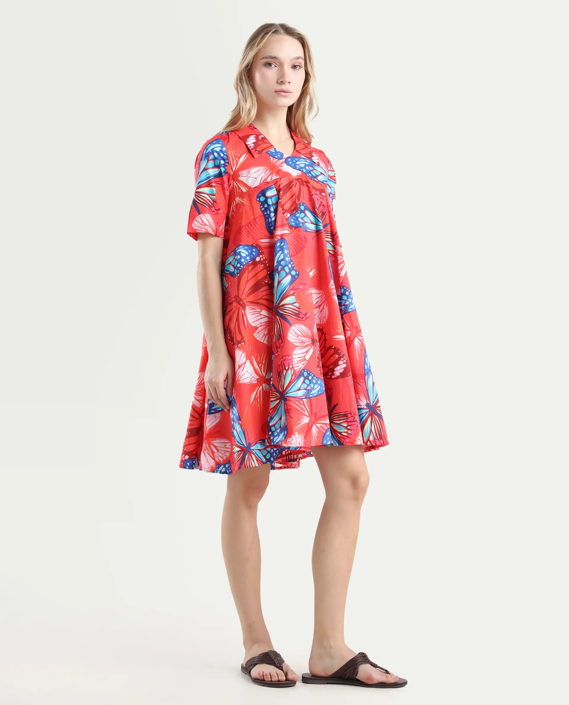 Rareism Women's Payne Multi Cotton Crew Neck Graphic Print Knee Length Fit And Flare Dress - Image 5