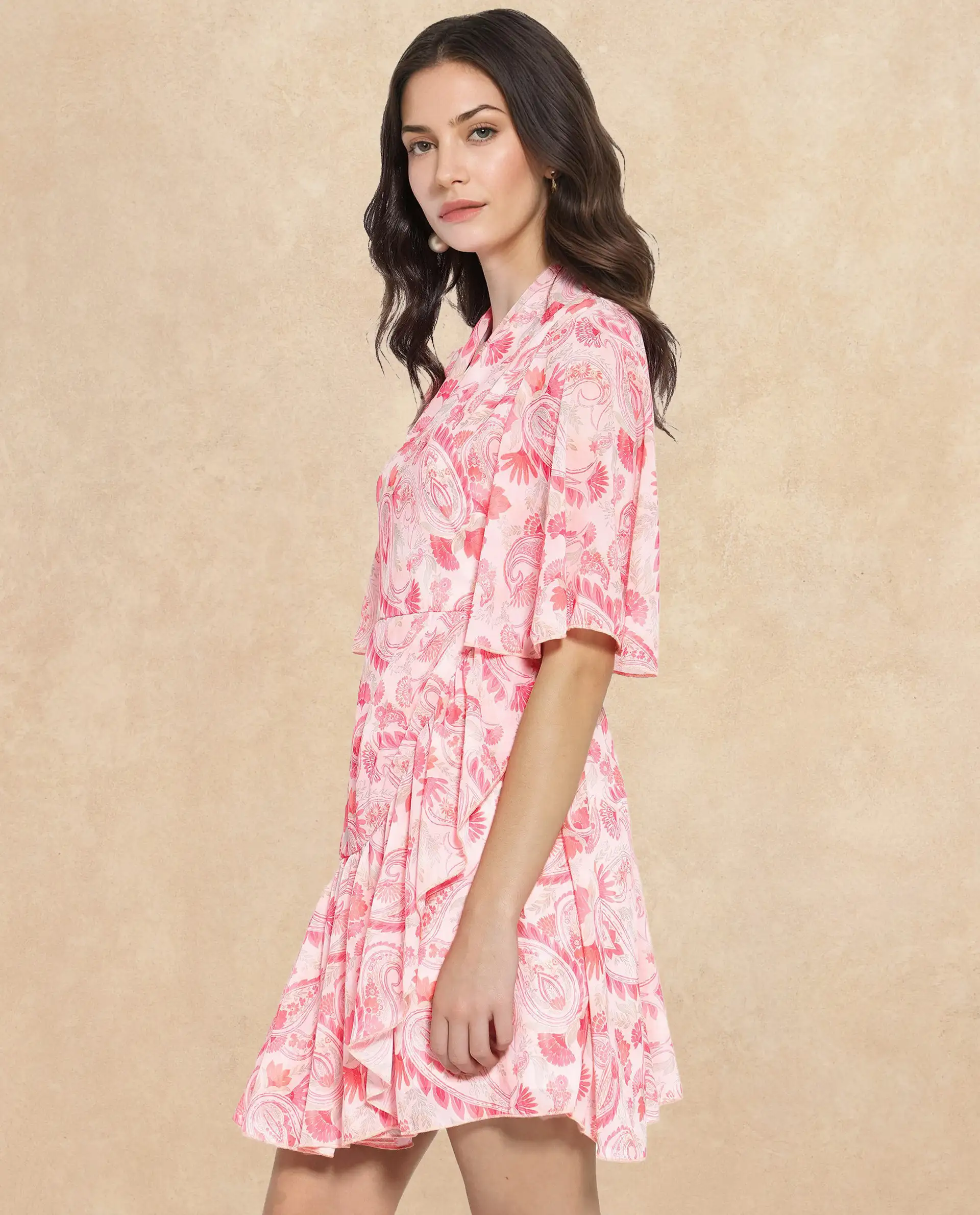 Rareism Women's Pazia Light Multi Polyester V-Neck Paisley Print Bell Sleeve Mini Fit And Flare Dress - Image 3