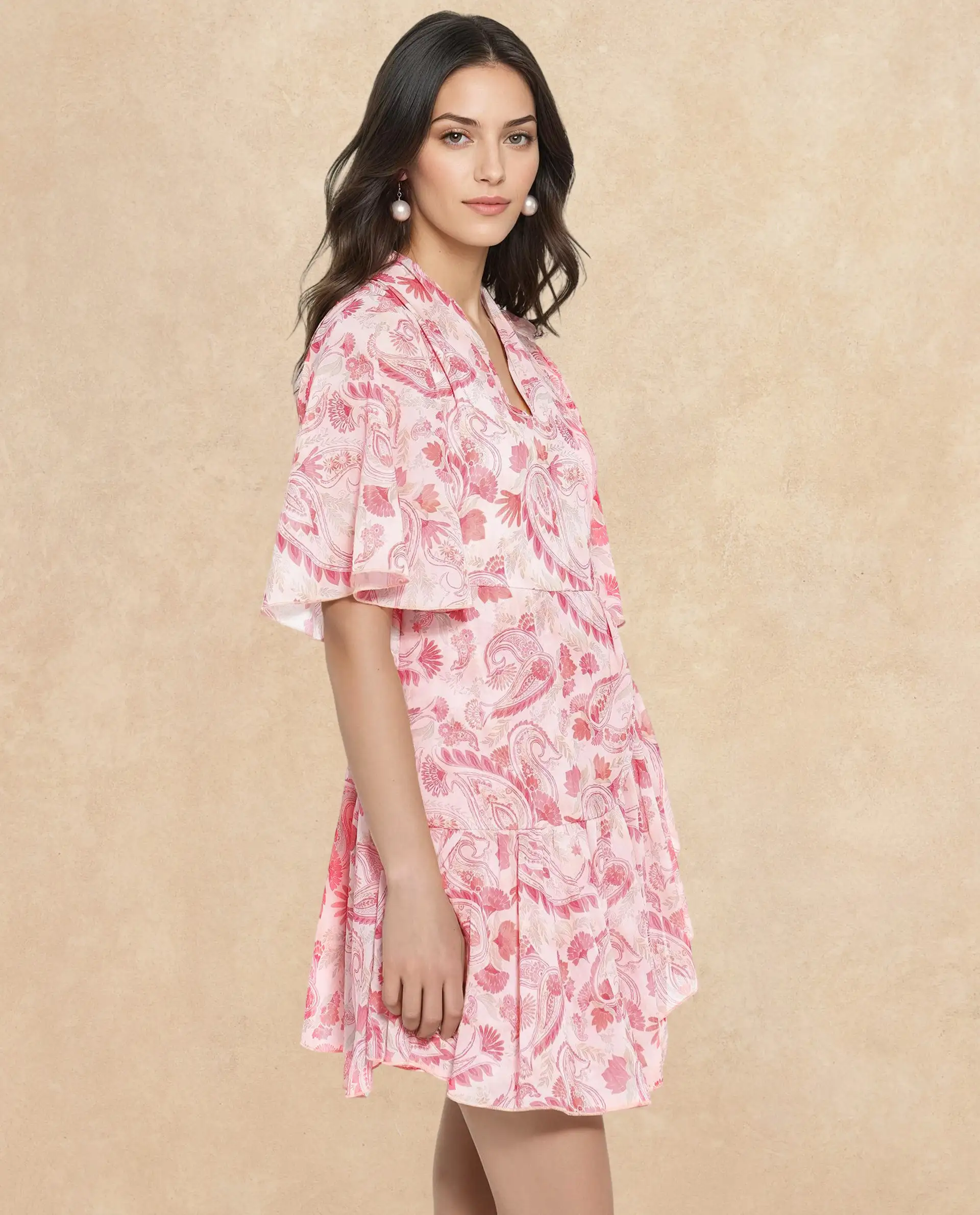 Rareism Women's Pazia Light Multi Polyester V-Neck Paisley Print Bell Sleeve Mini Fit And Flare Dress - Image 4