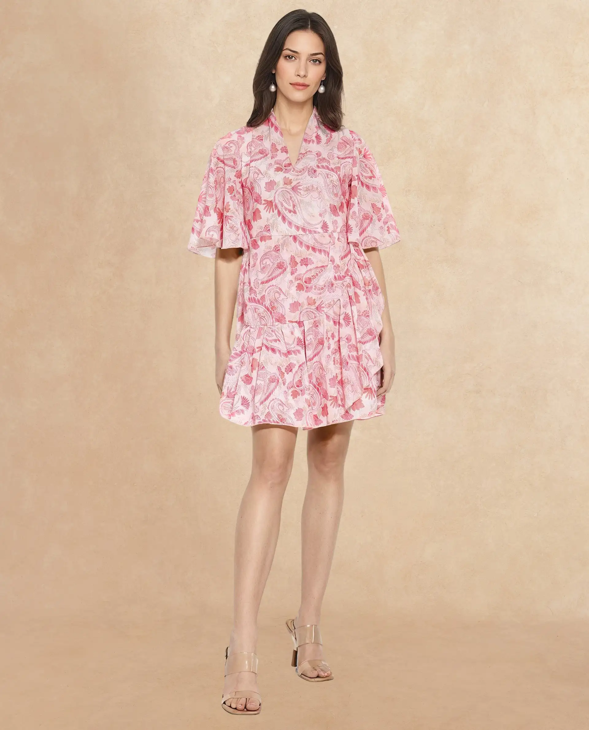 Rareism Women's Pazia Light Multi Polyester V-Neck Paisley Print Bell Sleeve Mini Fit And Flare Dress - Image 6