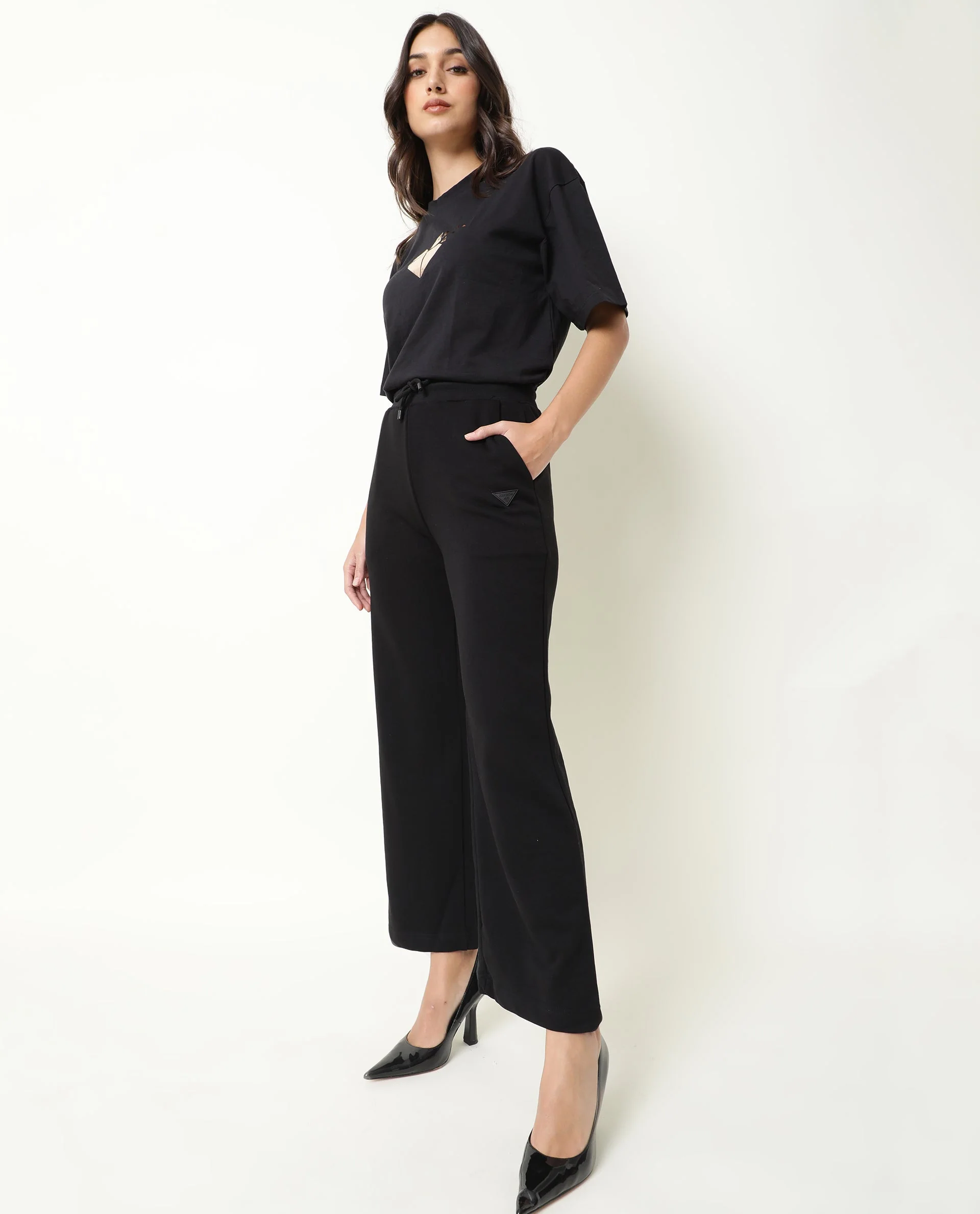 Rareism Women's Pazo-1 Black Polyester Blend Plain Ankle Length Relaxed Fit Track Pant - Image 7