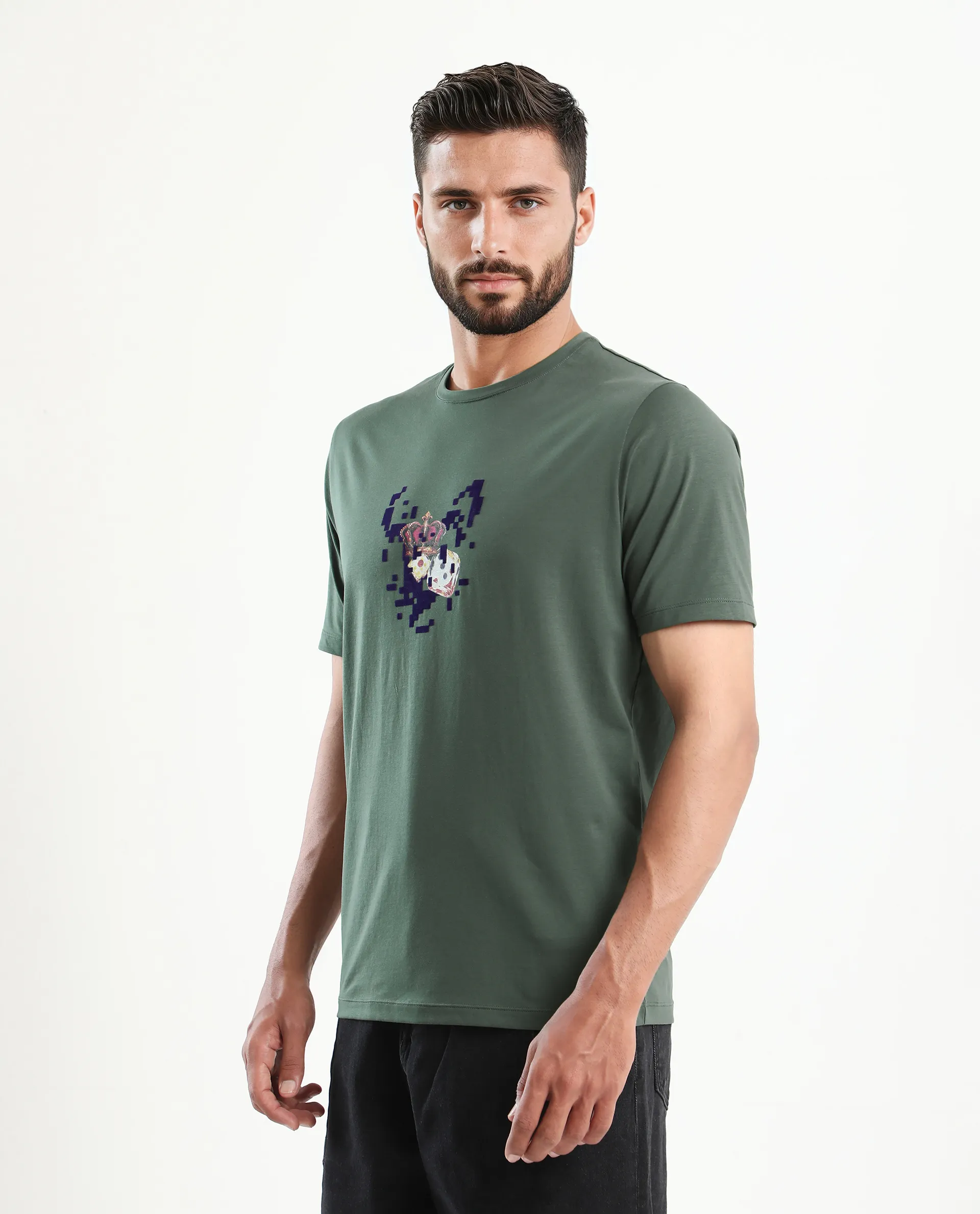 Rare Rabbit Men's Pazo Dusky Green Cotton Blend Graphic Print Regular Fit Half Sleeve Crew Neck T-Shirt - Image 2