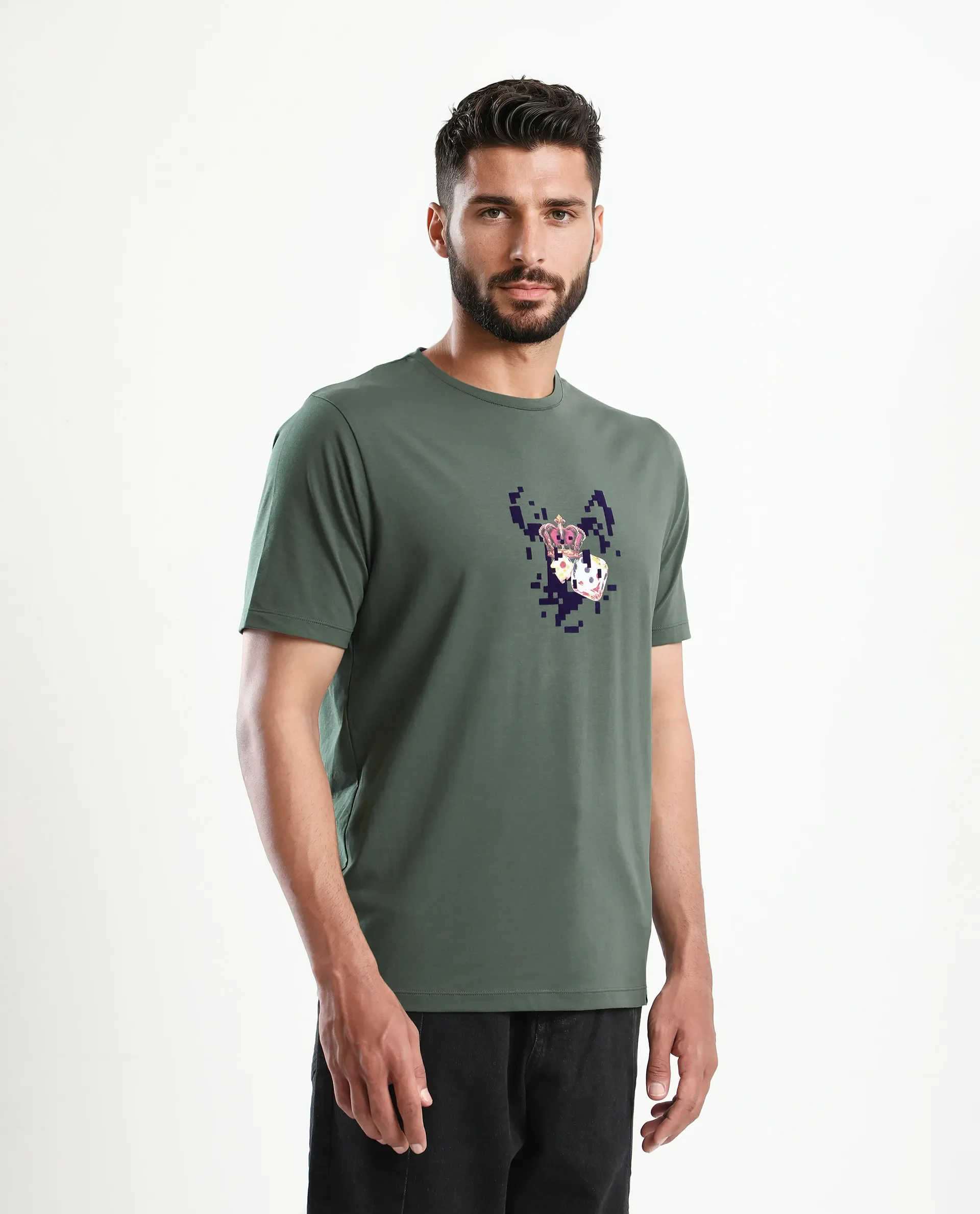Rare Rabbit Men's Pazo Dusky Green Cotton Blend Graphic Print Regular Fit Half Sleeve Crew Neck T-Shirt - Image 3