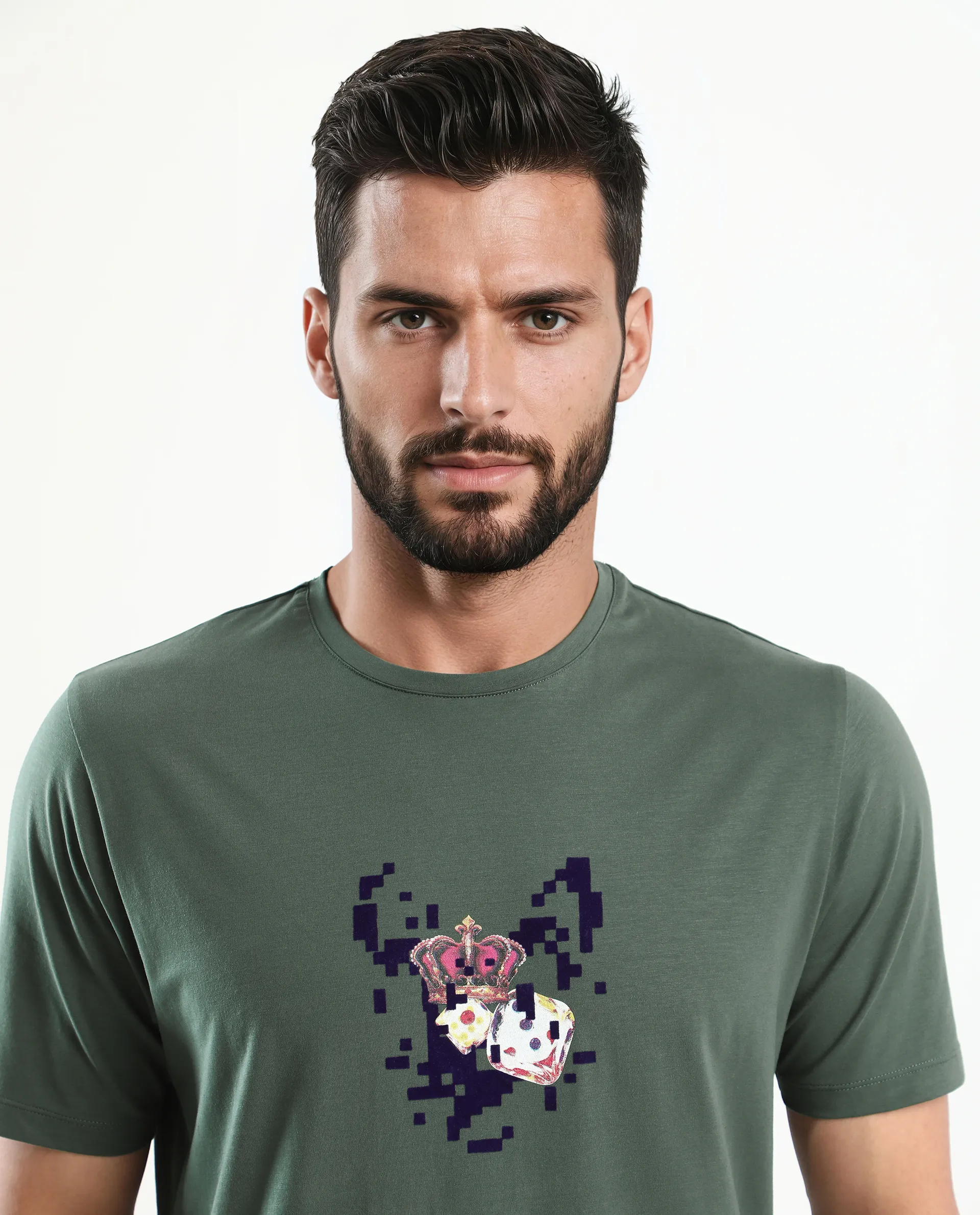 Rare Rabbit Men's Pazo Dusky Green Cotton Blend Graphic Print Regular Fit Half Sleeve Crew Neck T-Shirt - Image 4