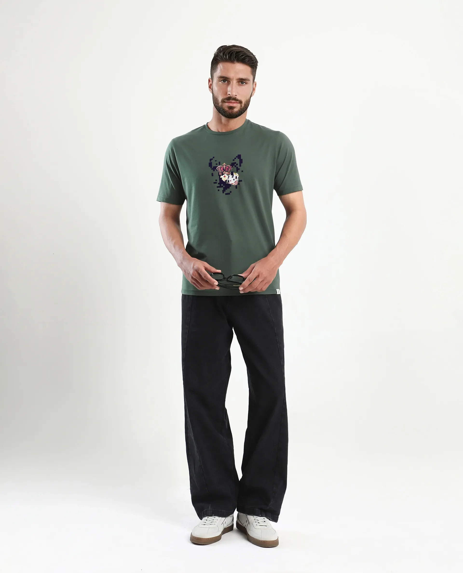 Rare Rabbit Men's Pazo Dusky Green Cotton Blend Graphic Print Regular Fit Half Sleeve Crew Neck T-Shirt - Image 6