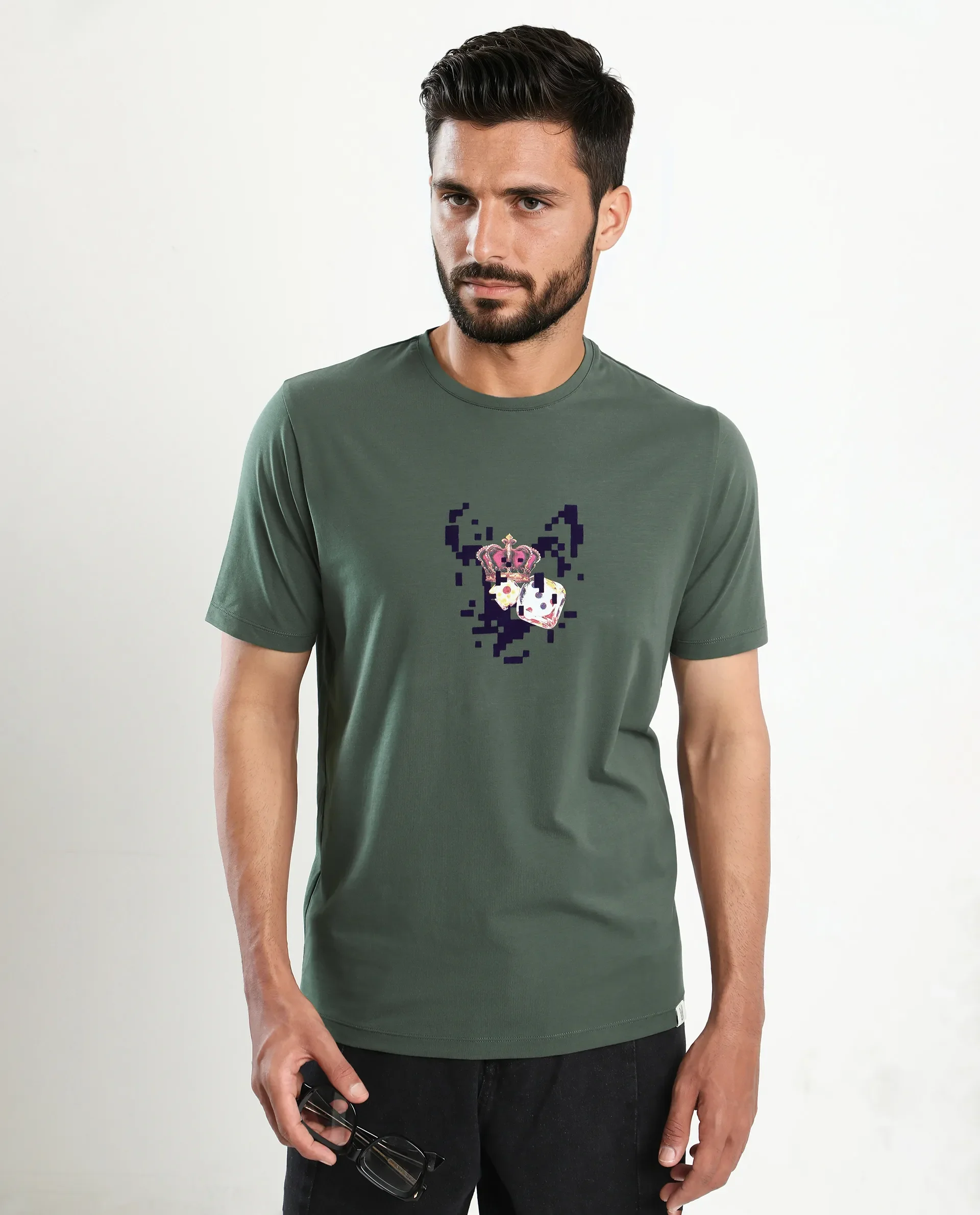 Rare Rabbit Men's Pazo Dusky Green Cotton Blend Graphic Print Regular Fit Half Sleeve Crew Neck T-Shirt - Image 7