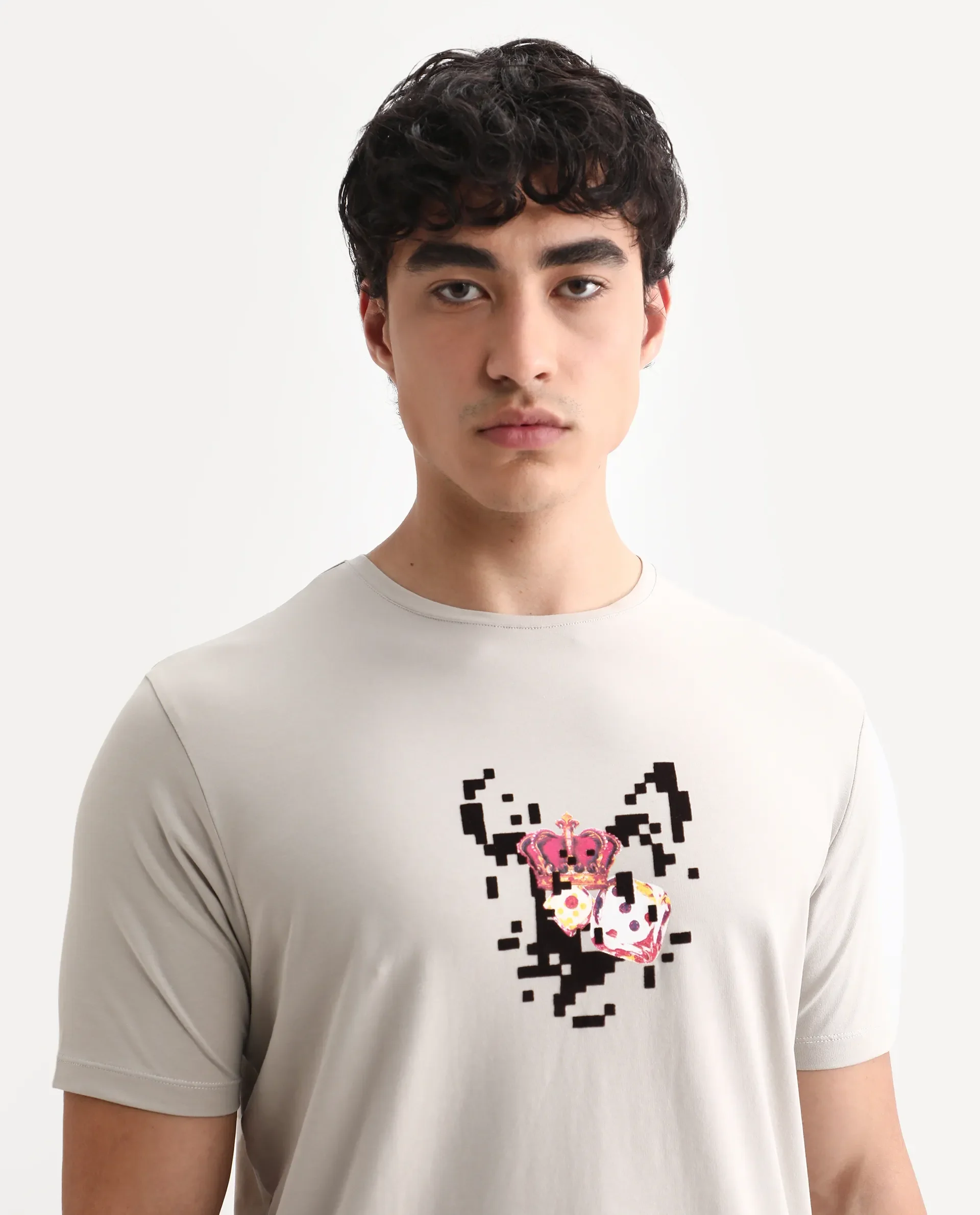 Rare Rabbit Men's Pazo Light Grey Cotton Blend Graphic Print Regular Fit Half Sleeve Crew Neck T-Shirt - Image 3