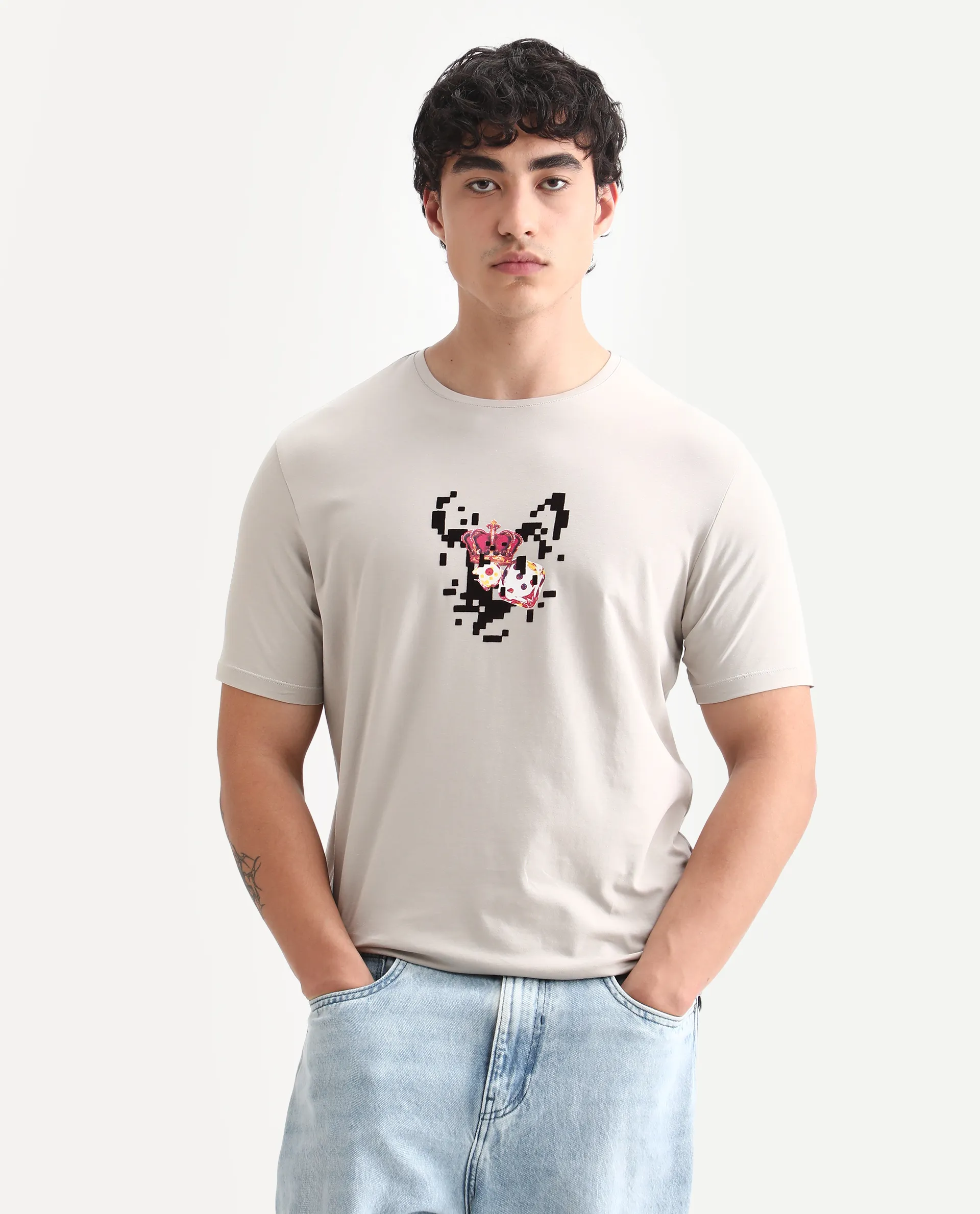 Rare Rabbit Men's Pazo Light Grey Cotton Blend Graphic Print Regular Fit Half Sleeve Crew Neck T-Shirt - Image 4