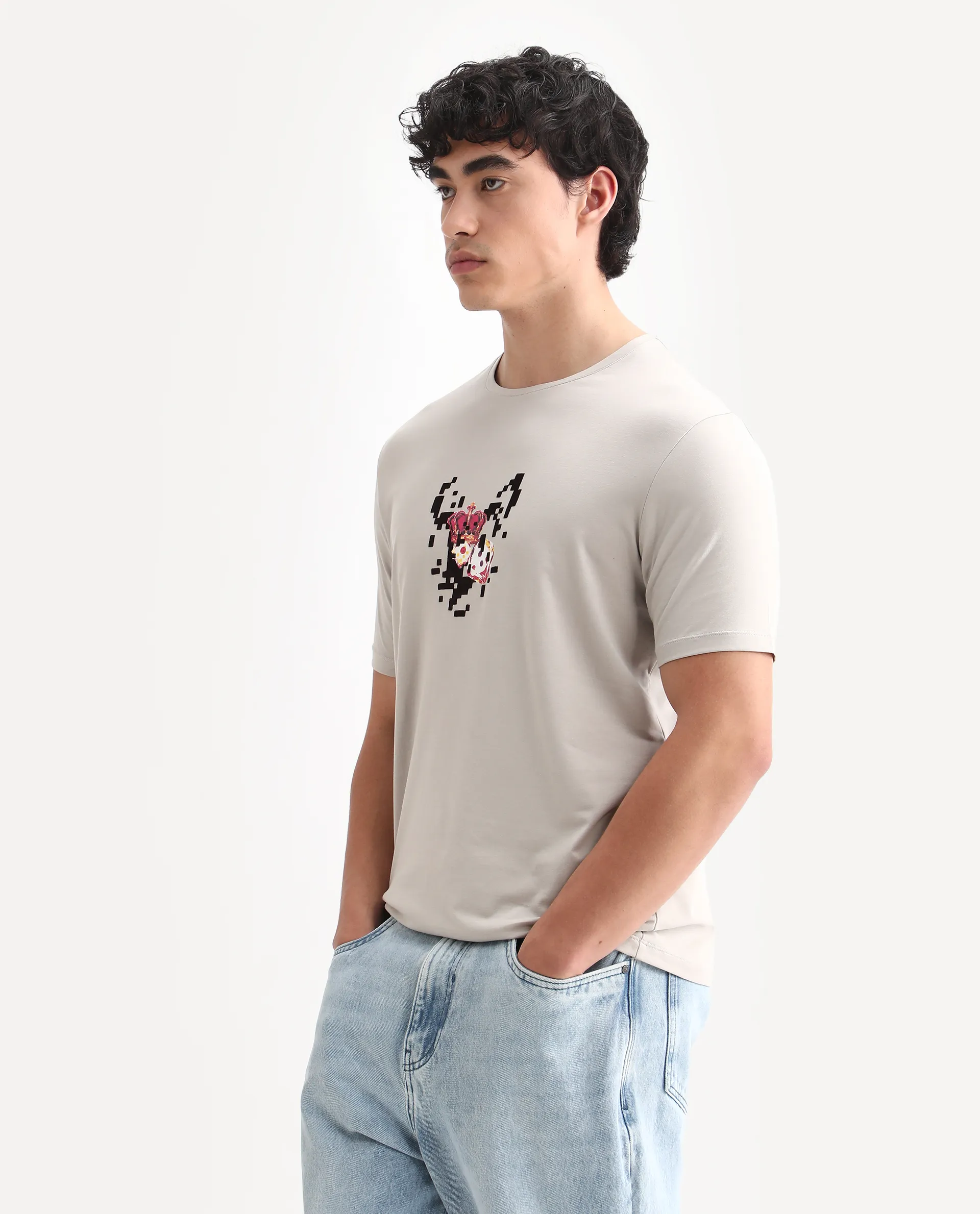 Rare Rabbit Men's Pazo Light Grey Cotton Blend Graphic Print Regular Fit Half Sleeve Crew Neck T-Shirt - Image 5