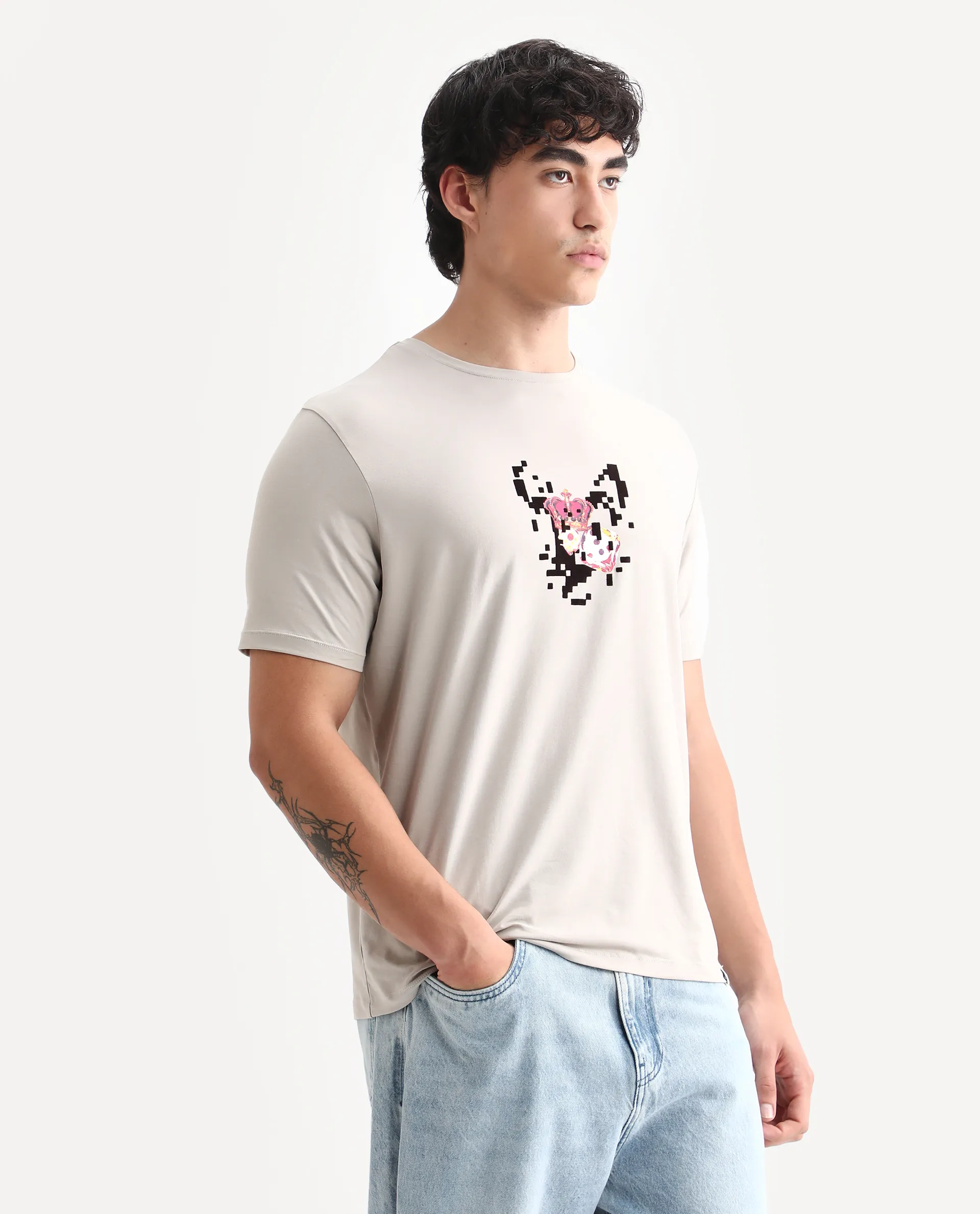 Rare Rabbit Men's Pazo Light Grey Cotton Blend Graphic Print Regular Fit Half Sleeve Crew Neck T-Shirt - Image 6