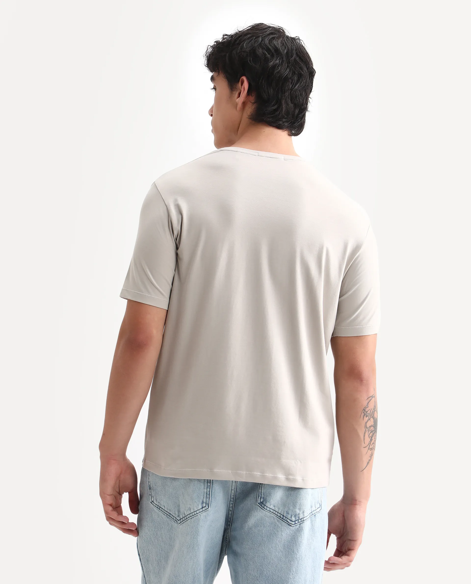 Rare Rabbit Men's Pazo Light Grey Cotton Blend Graphic Print Regular Fit Half Sleeve Crew Neck T-Shirt - Image 8