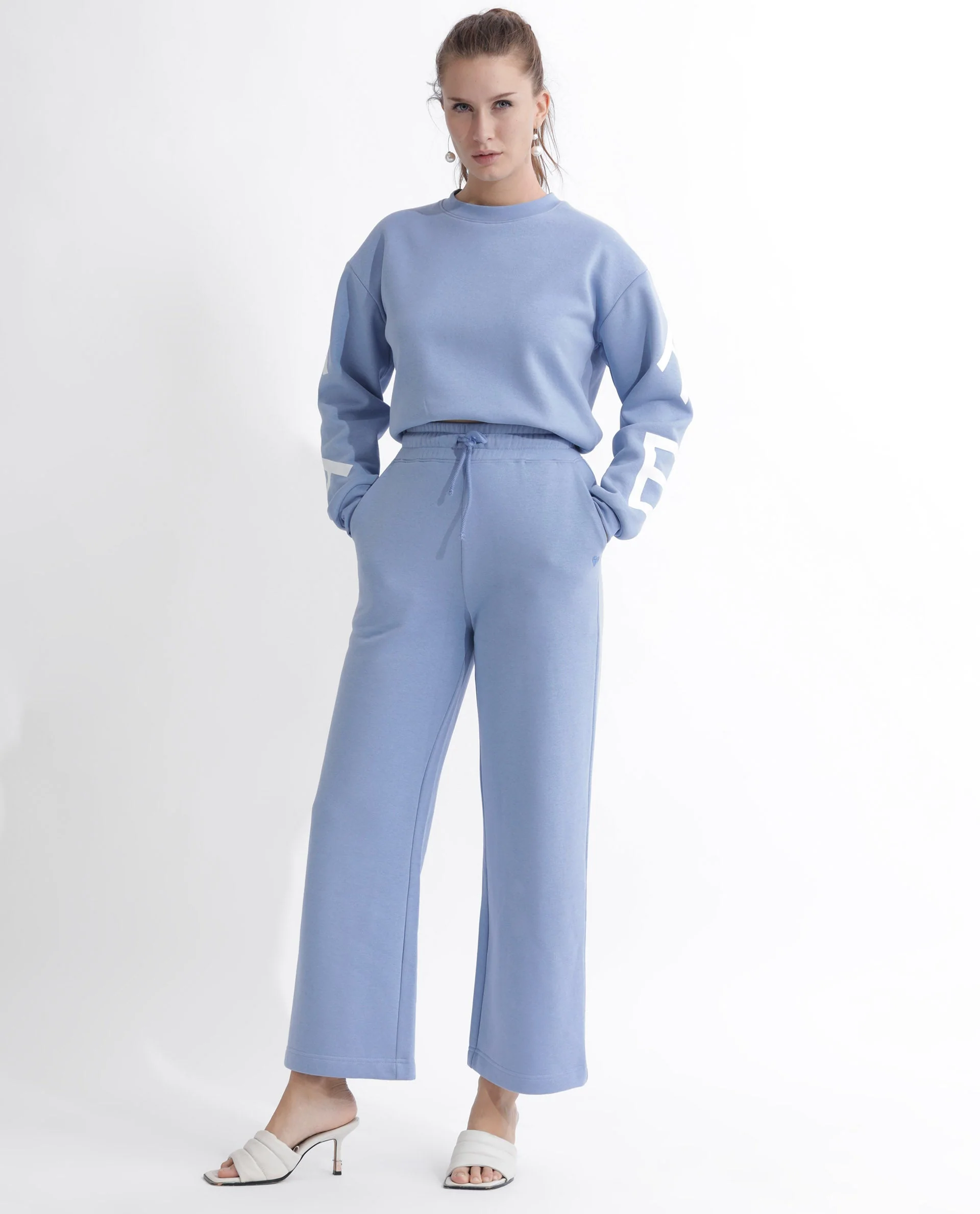 Rareism Women's Pazoo F Light Blue Cotton Blend Plain Ankle Length Flared Track Pant