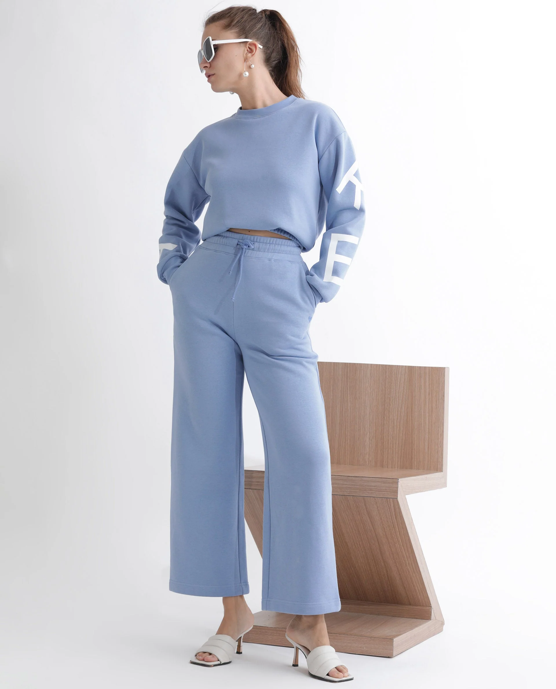 Rareism Women's Pazoo F Light Blue Cotton Blend Plain Ankle Length Flared Track Pant - Image 11