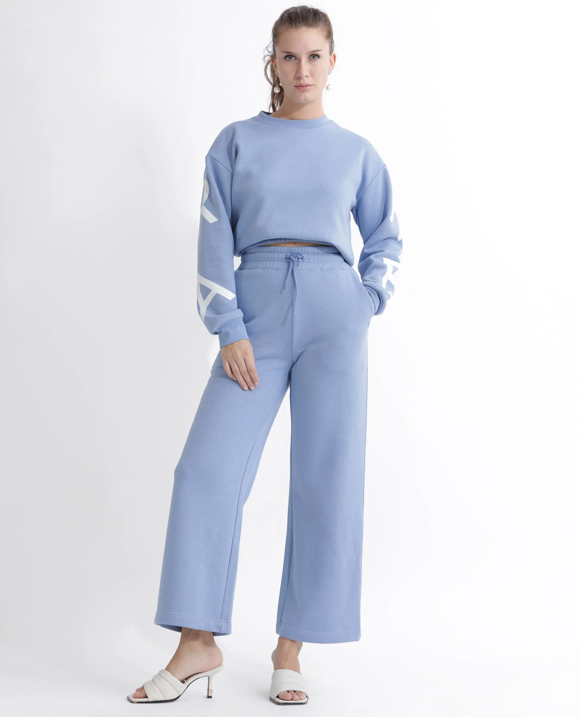 Rareism Women's Pazoo F Light Blue Cotton Blend Plain Ankle Length Flared Track Pant - Image 7