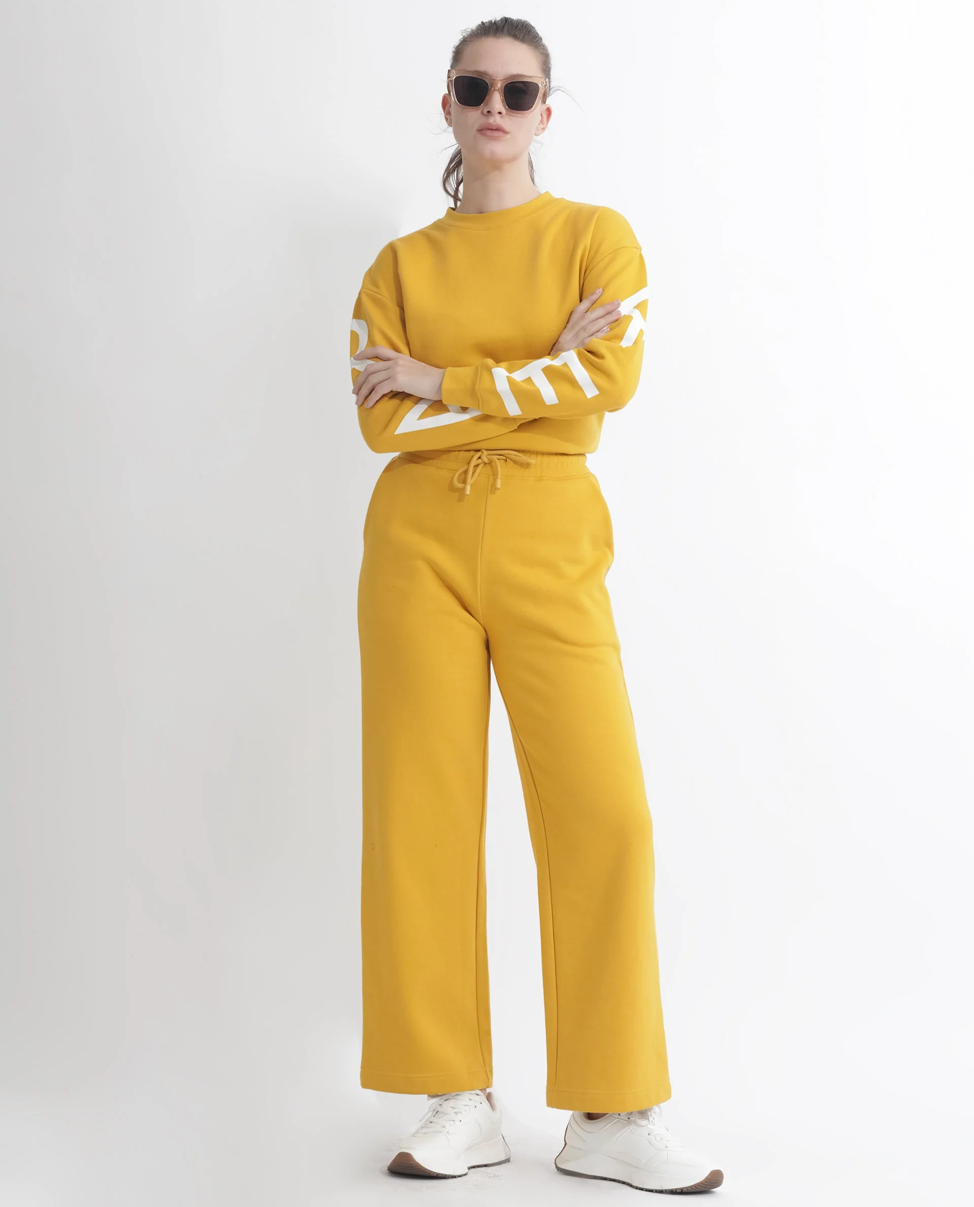 Rareism Women's Pazoo F Mustard Cotton Blend Plain Ankle Length Flared Track Pant