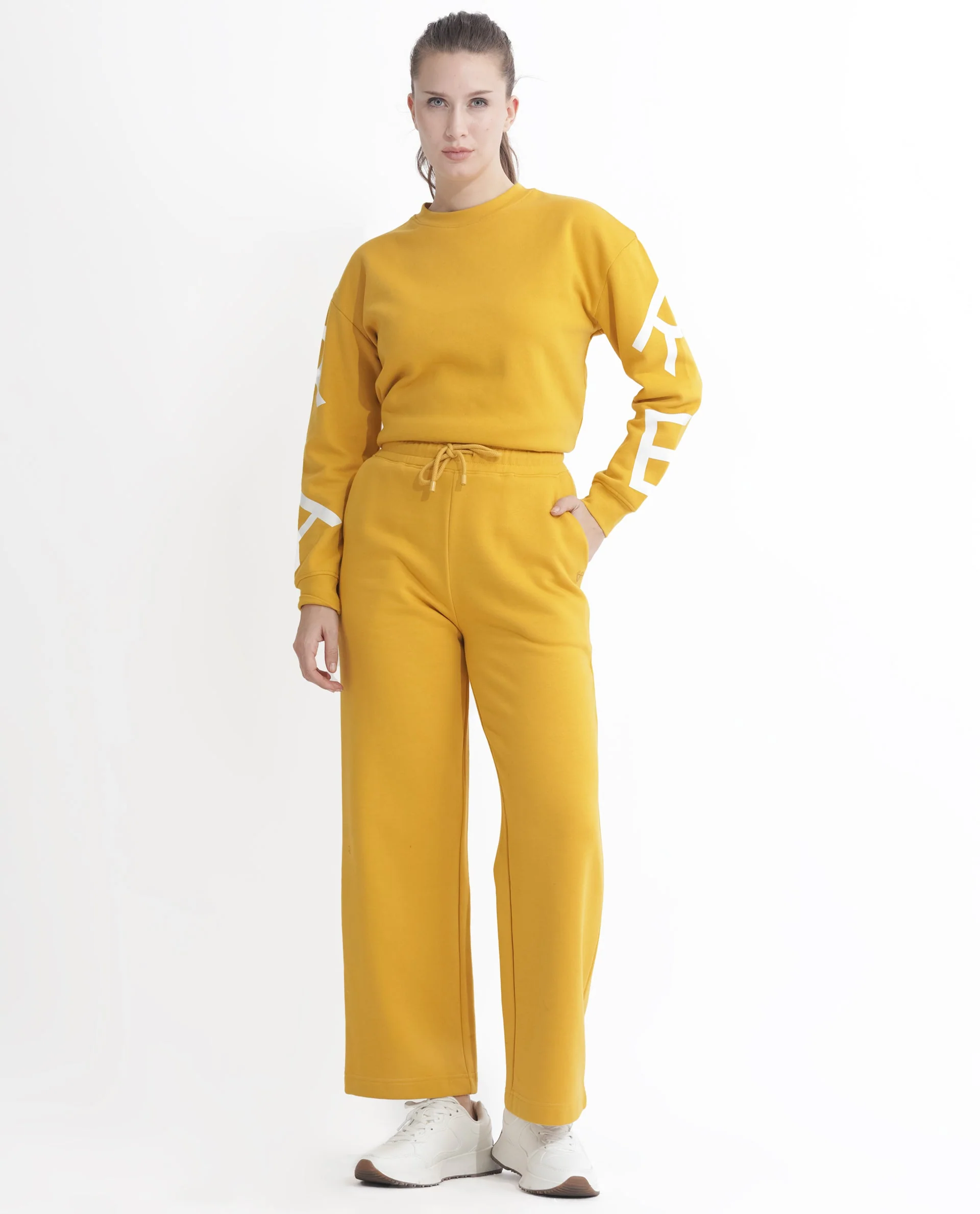 Rareism Women's Pazoo F Mustard Cotton Blend Plain Ankle Length Flared Track Pant - Image 8