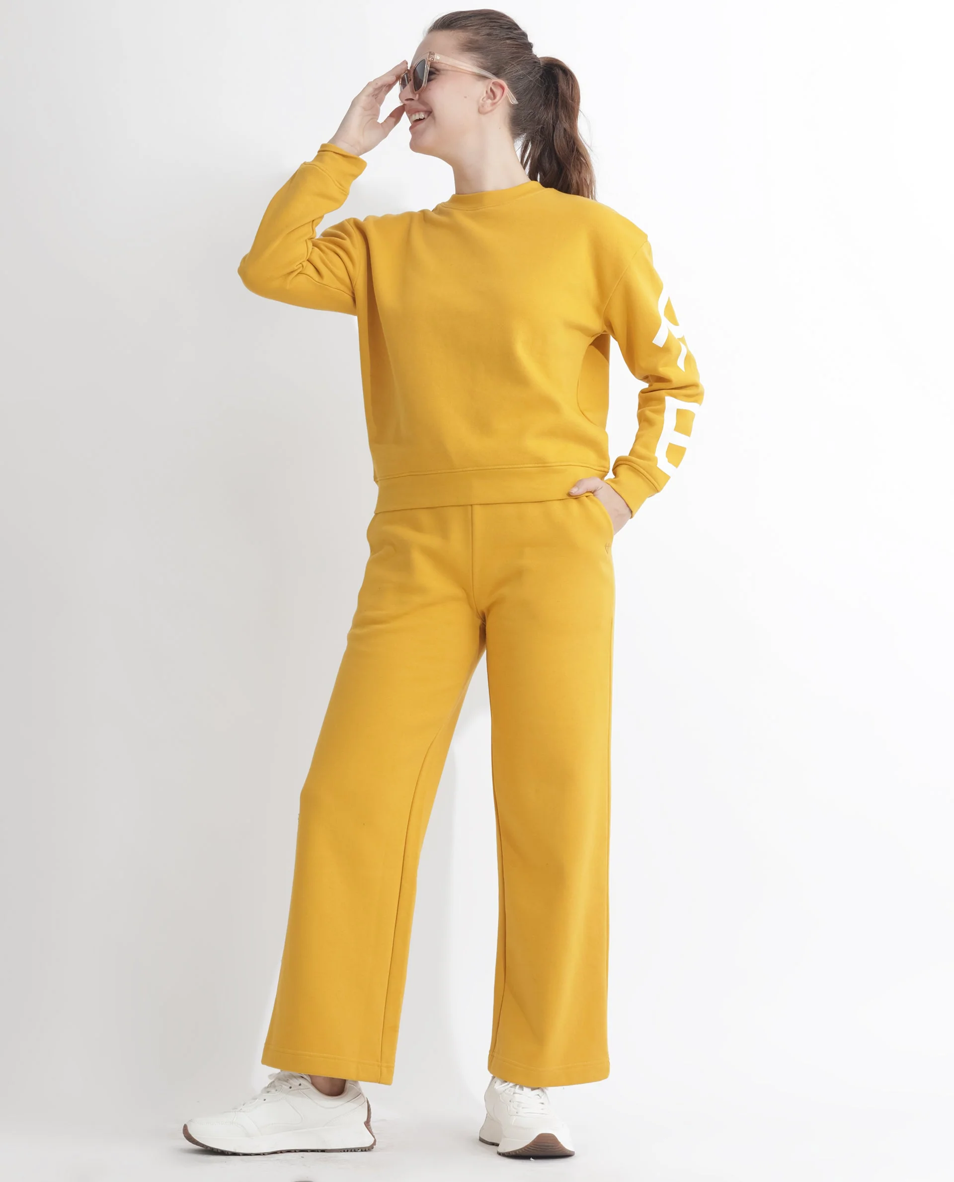Rareism Women's Pazoo F Mustard Cotton Blend Plain Ankle Length Flared Track Pant - Image 9