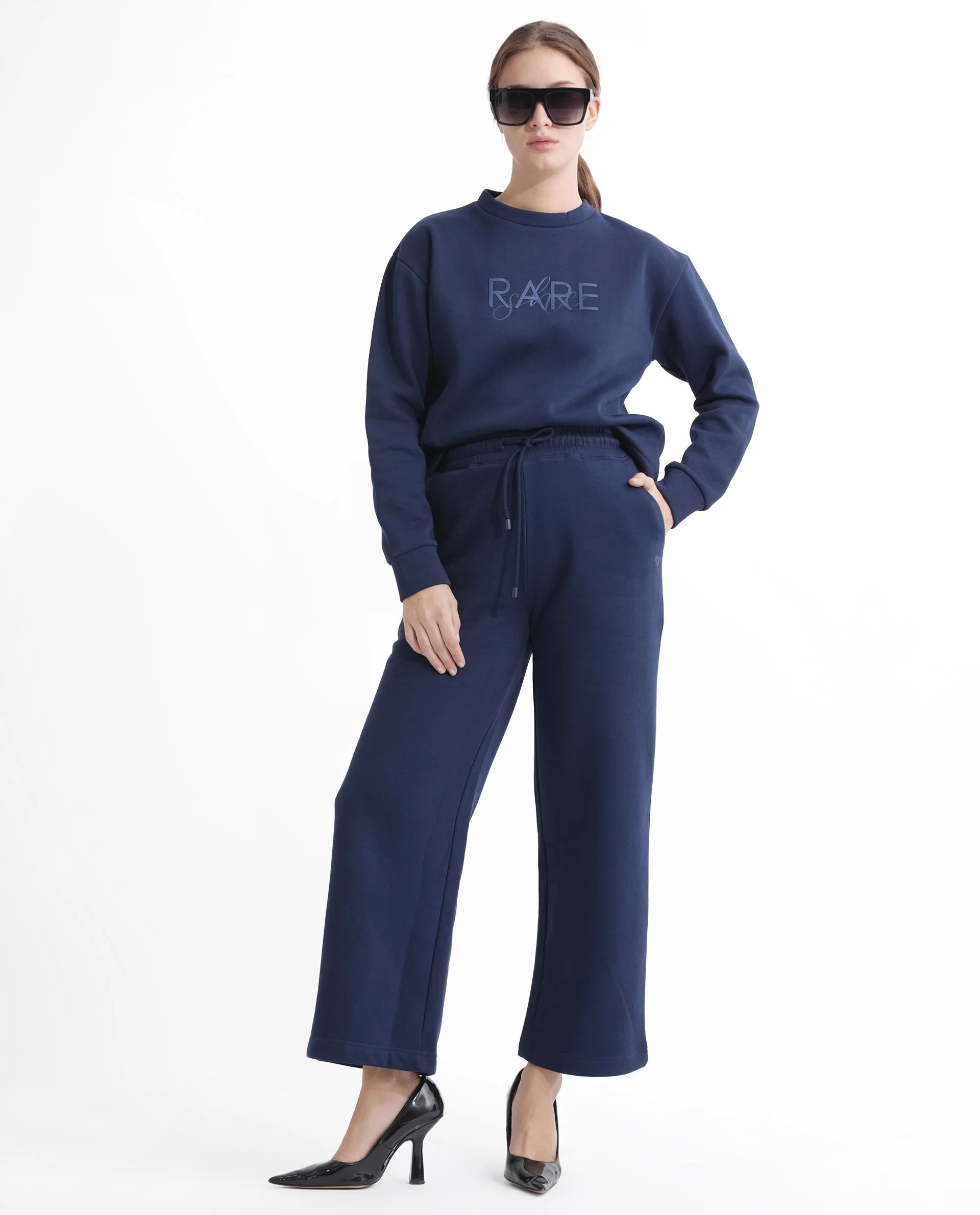 Rareism Women's Pazoo F Navy Cotton Blend Plain Ankle Length Flared Track Pant