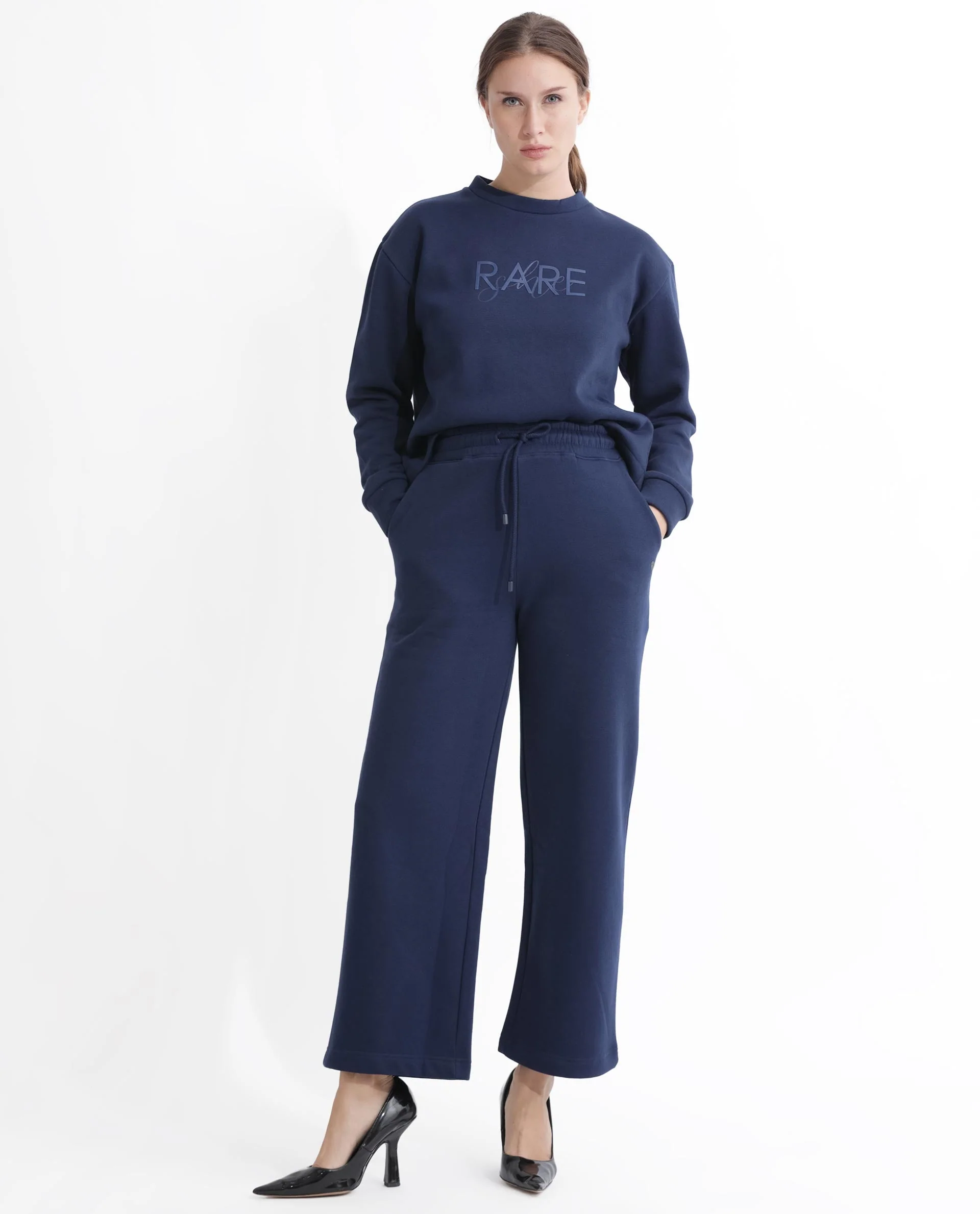 Rareism Women's Pazoo F Navy Cotton Blend Plain Ankle Length Flared Track Pant - Image 4