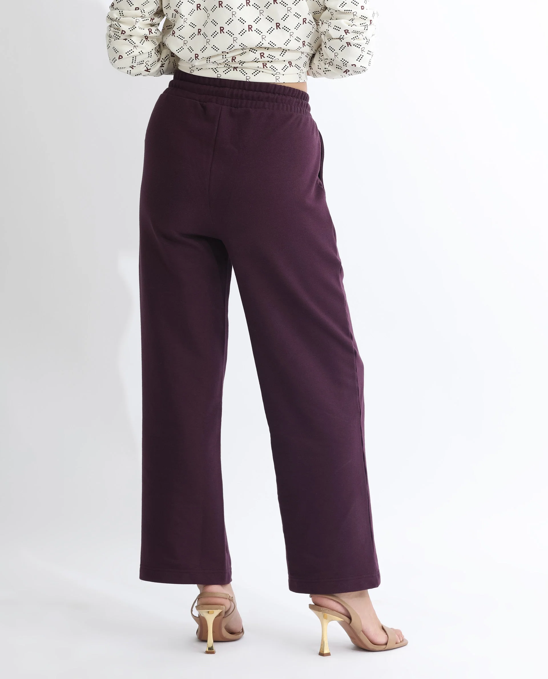 Rareism Women's Pazoo T Dark Maroon Cotton Blend Plain Ankle Length Flared Track Pant - Image 9