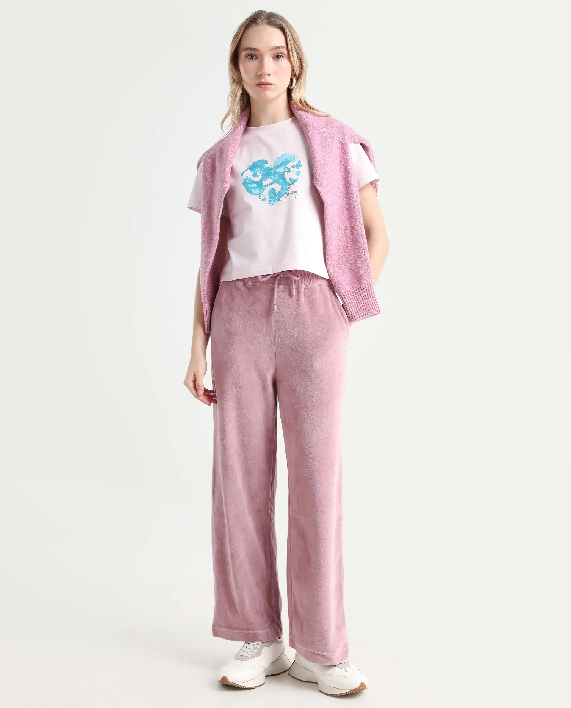 Rareism Women's Pazoo Tt Dusky Pink Cotton Blend Plain Ankle Length Flared Track Pant
