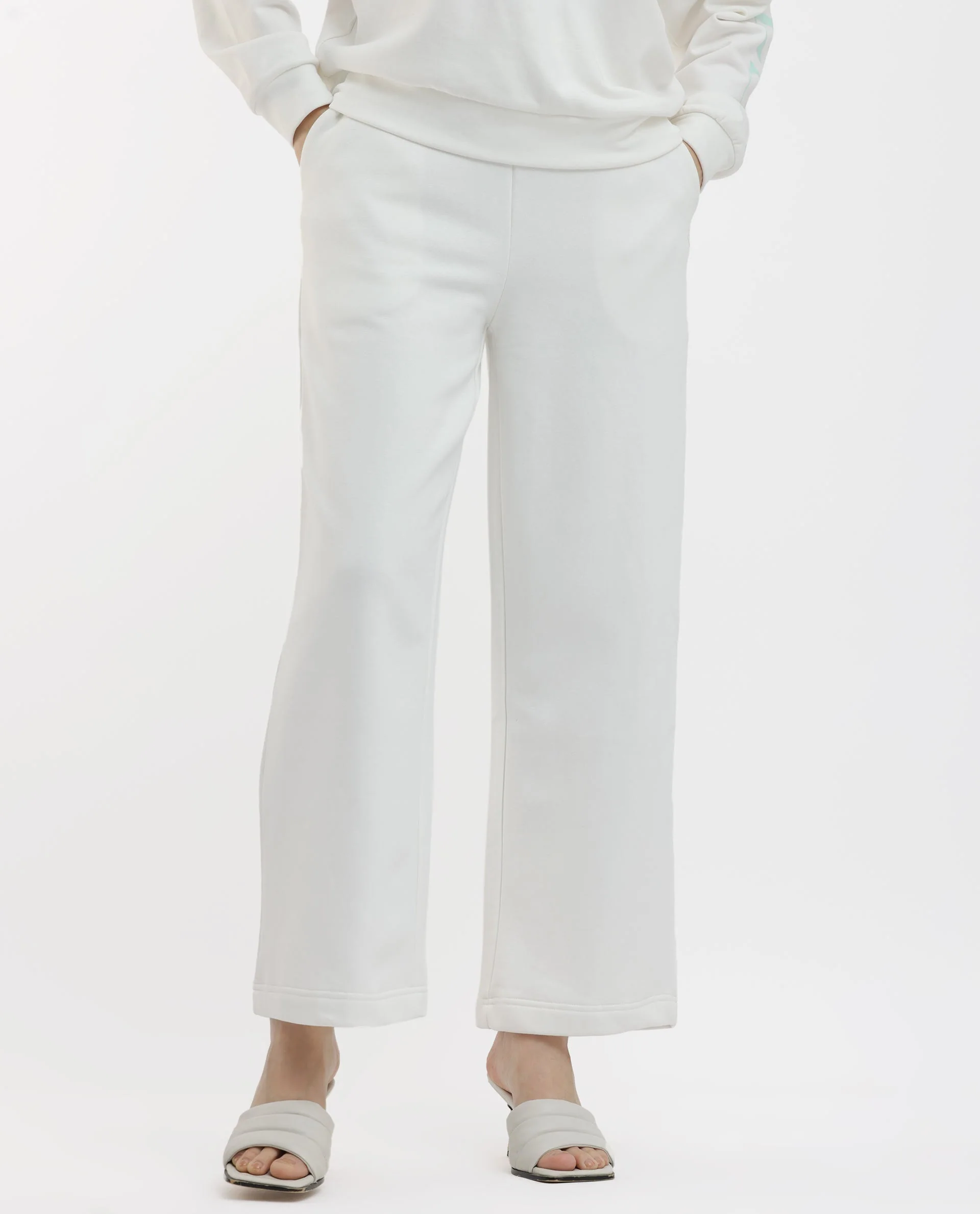 Rareism Women's Pazoo F1 Off White Cotton Blend Plain Ankle Length Flared Track Pant