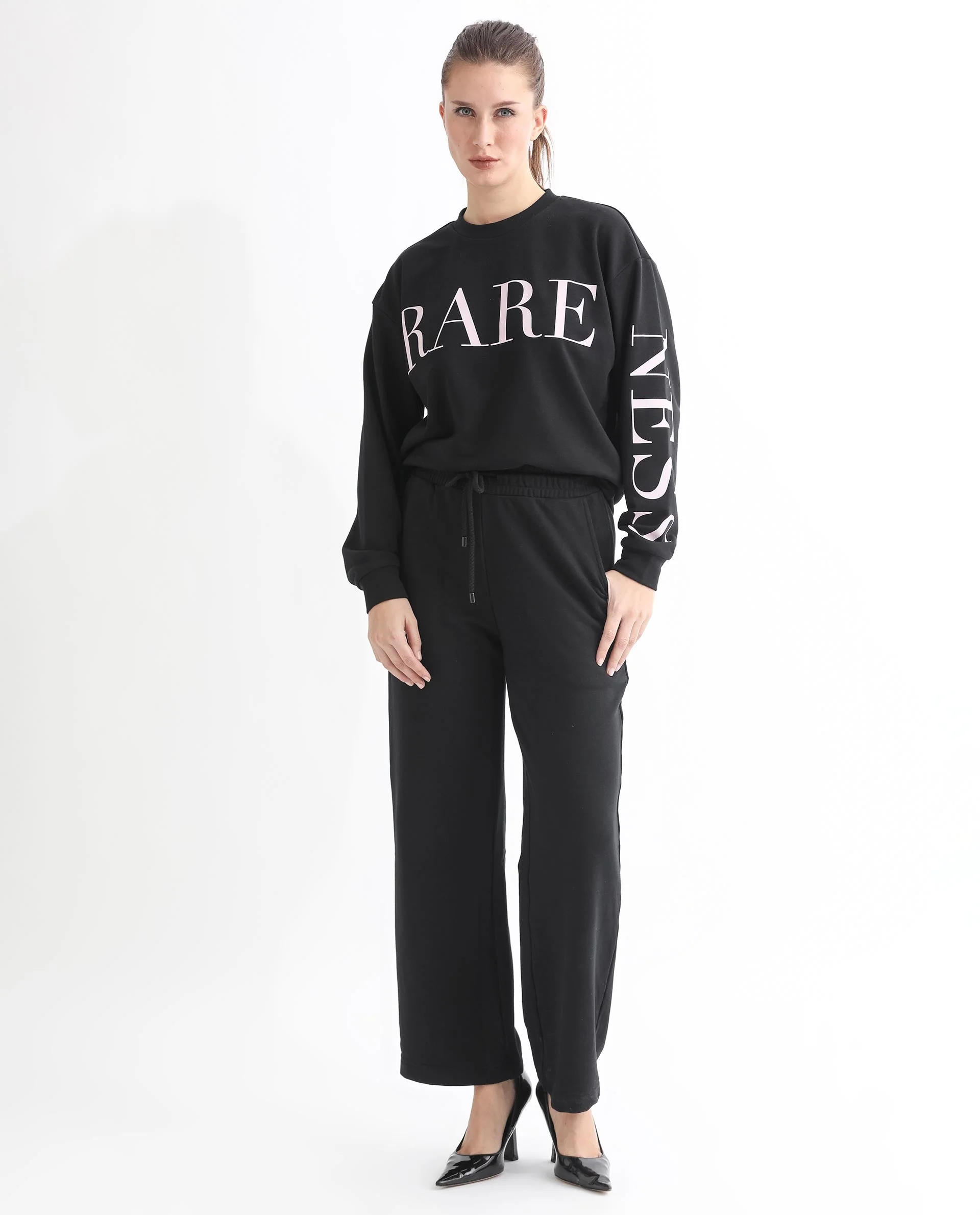 Rareism Women's Pazoo T Black Cotton Blend Plain Ankle Length Flared Track Pant