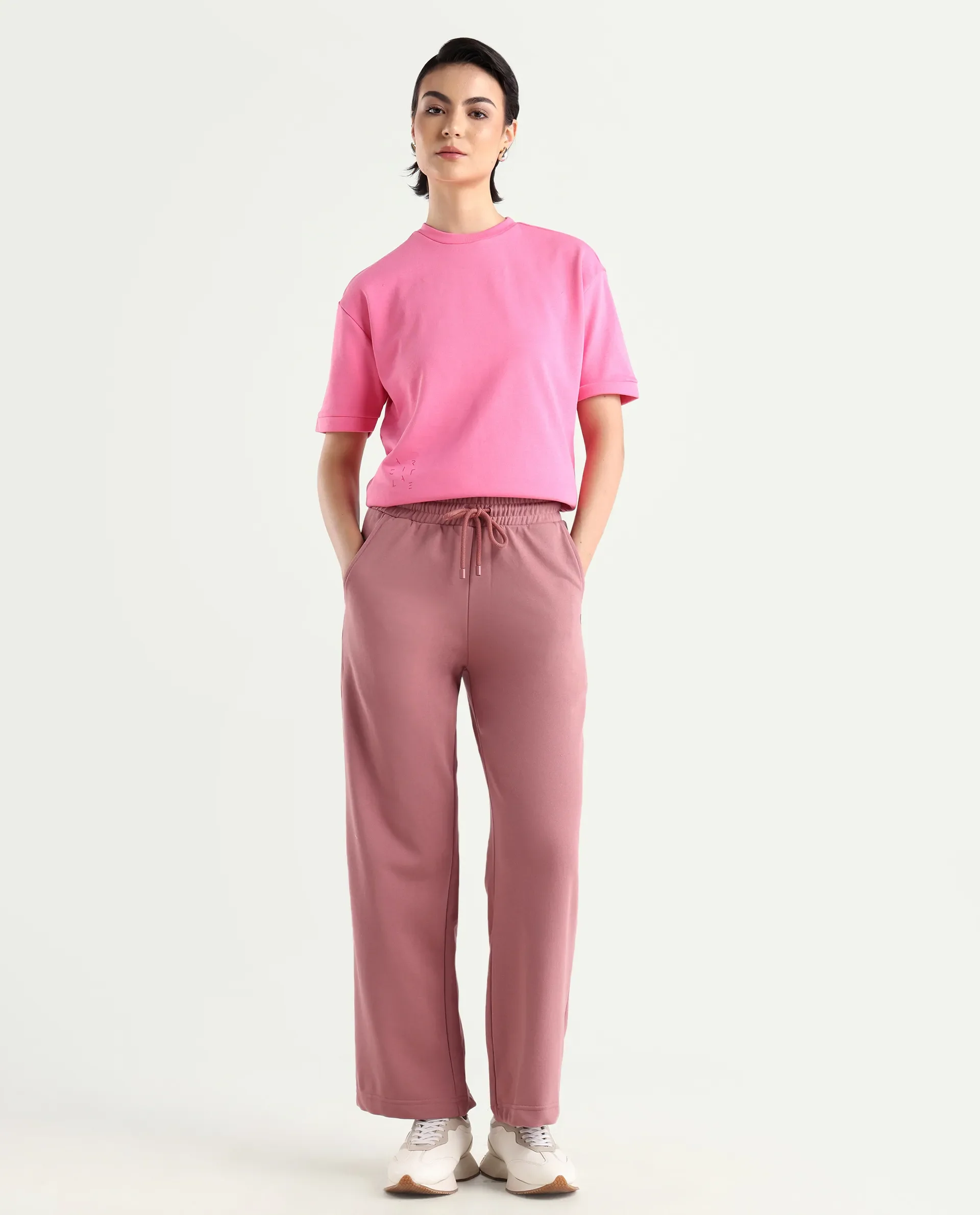 Rareism Women's Pazoo T Dusky Pink Cotton Blend Plain Ankle Length Flared Track Pant - Image 4