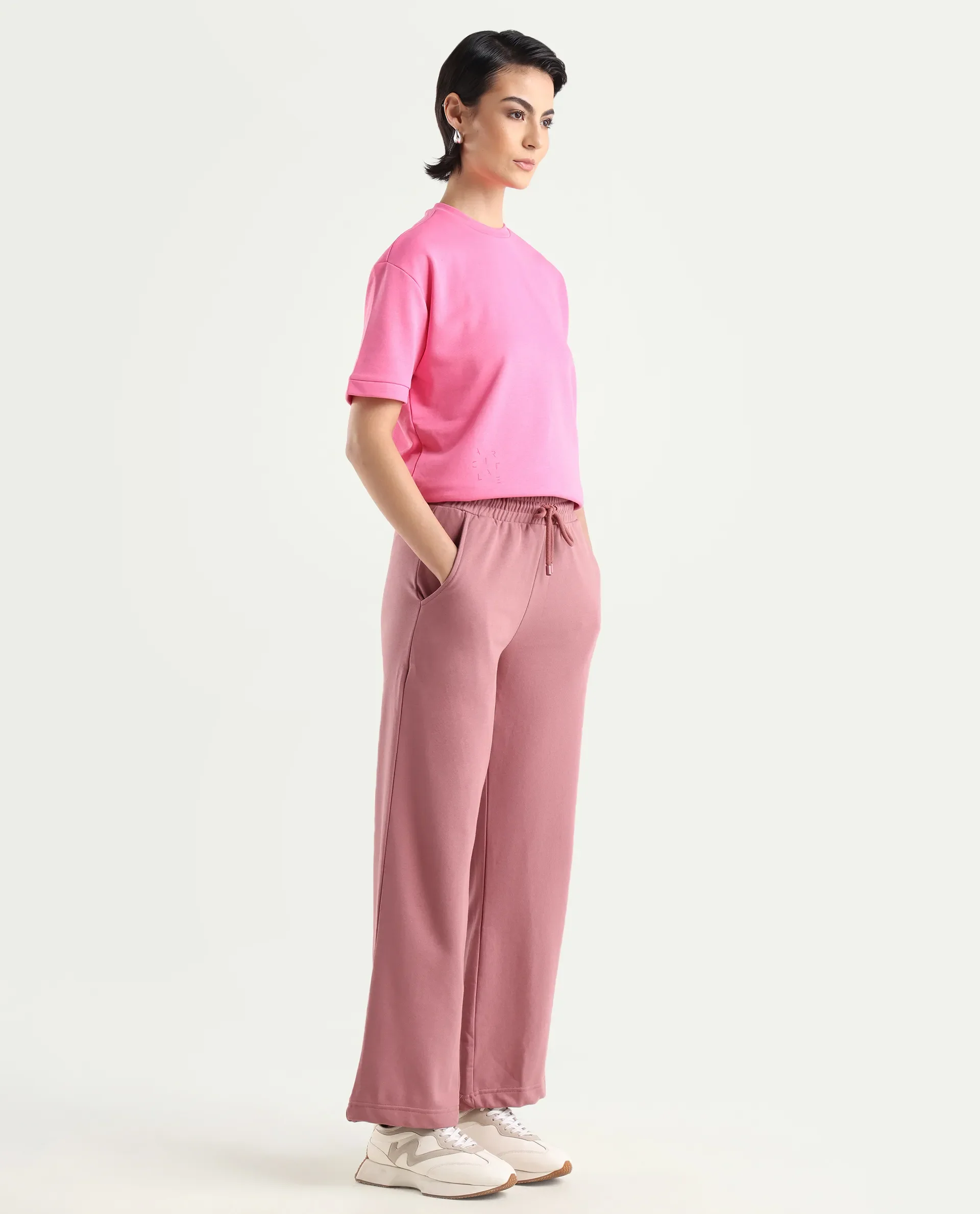 Rareism Women's Pazoo T Dusky Pink Cotton Blend Plain Ankle Length Flared Track Pant - Image 5