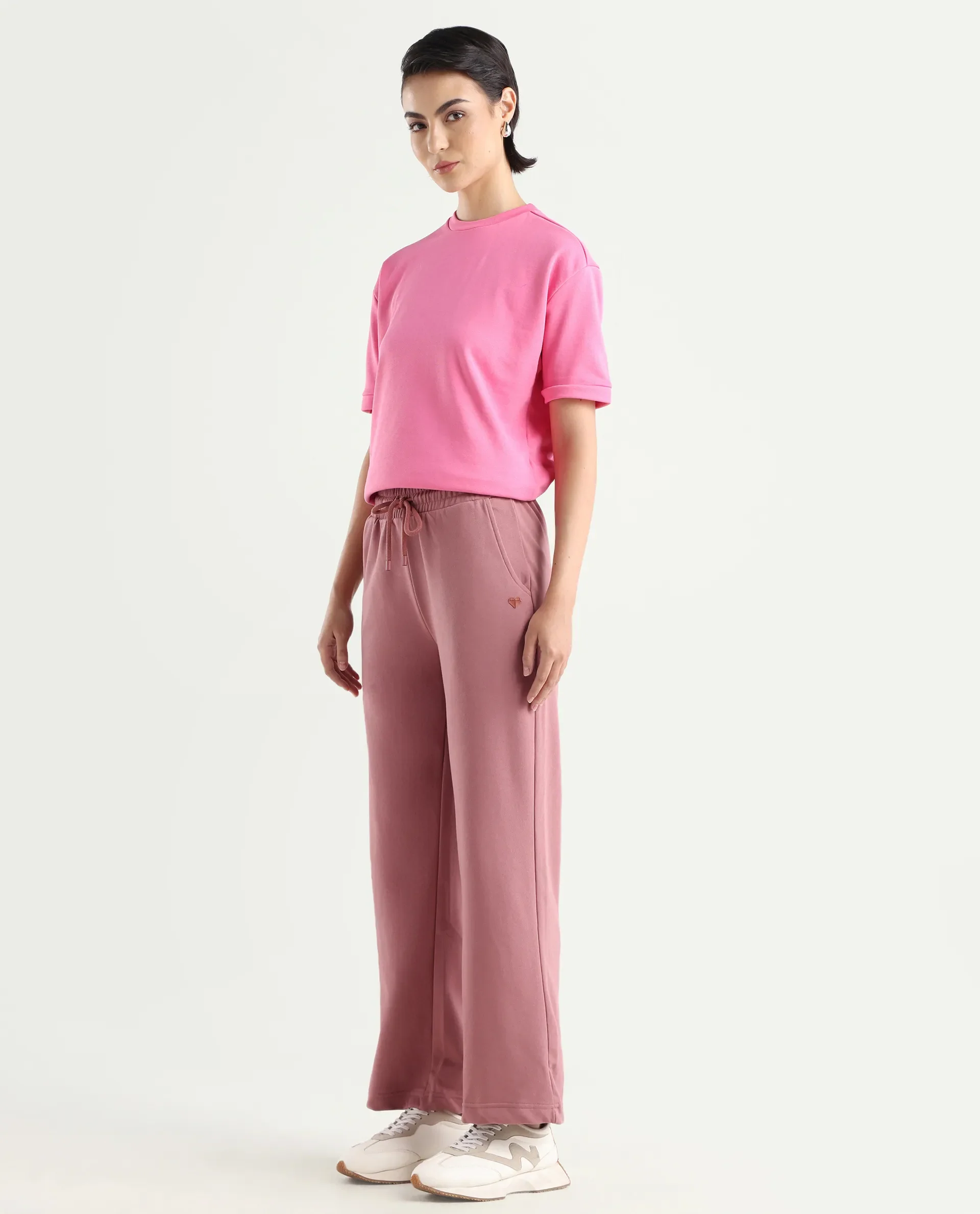 Rareism Women's Pazoo T Dusky Pink Cotton Blend Plain Ankle Length Flared Track Pant - Image 6