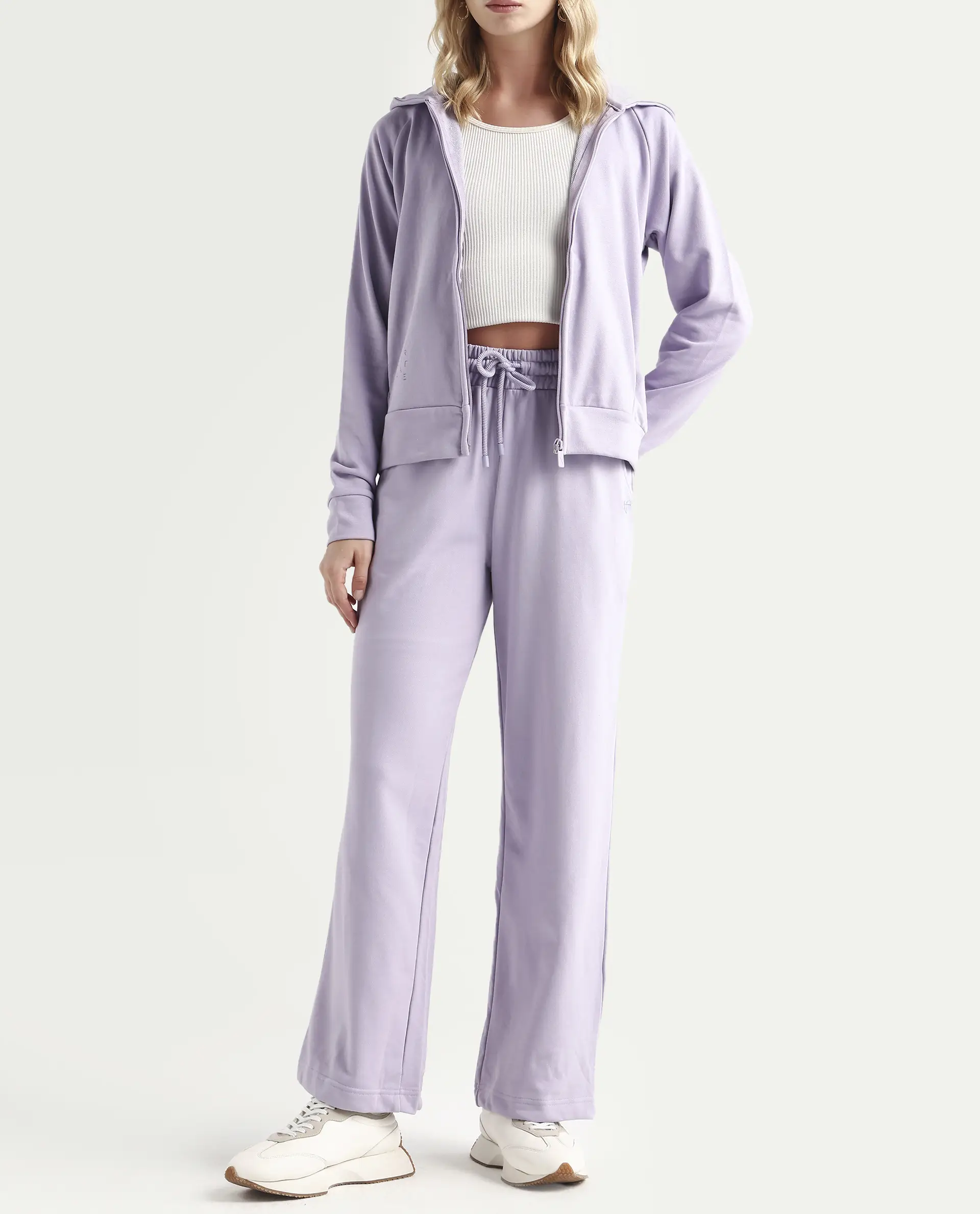 Rareism Women's Pazoo T Pastel Purple Cotton Blend Plain Ankle Length Flared Track Pant - Image 2