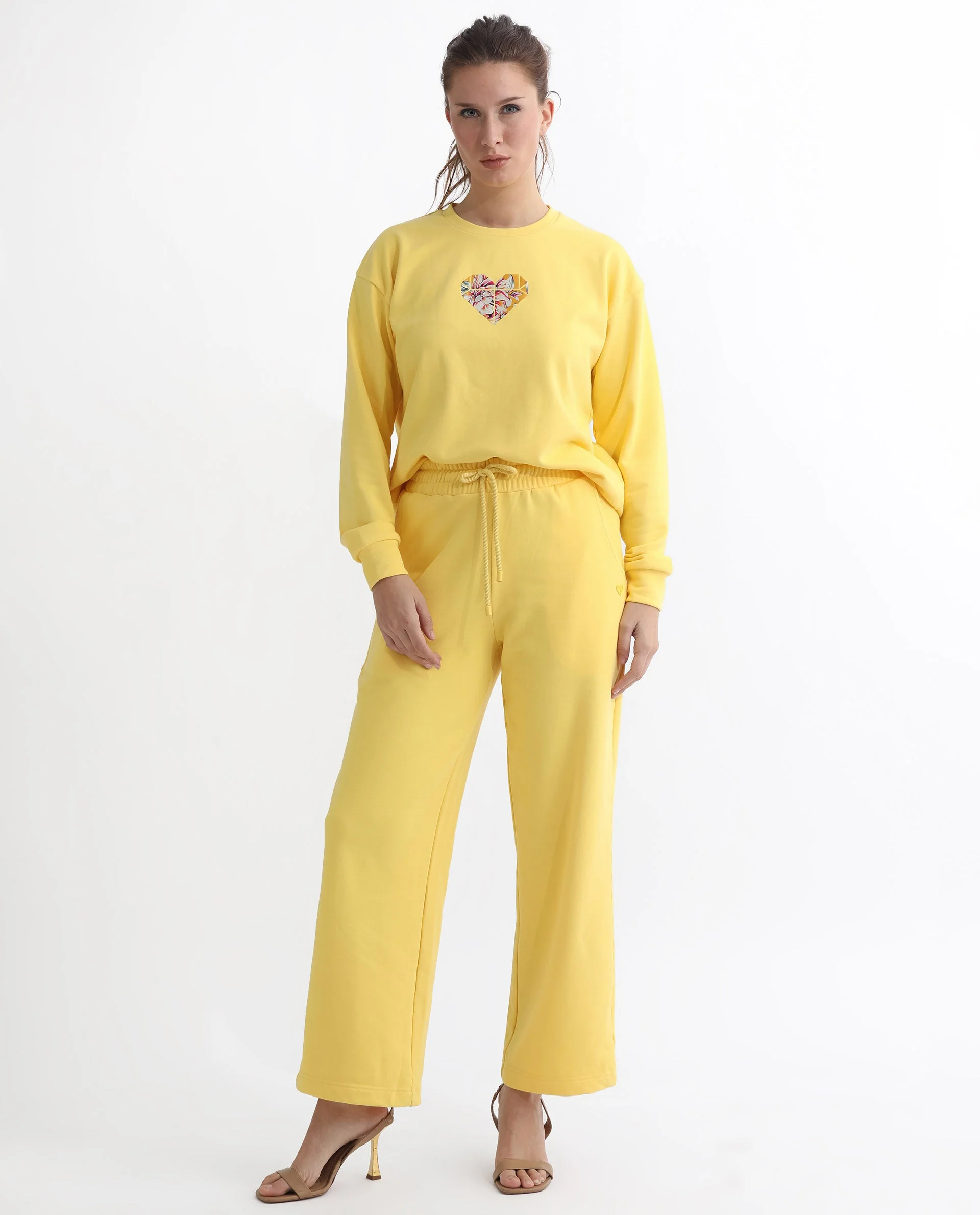 Rareism Women's Pazoo T Yellow Cotton Blend Plain Ankle Length Flared Track Pant