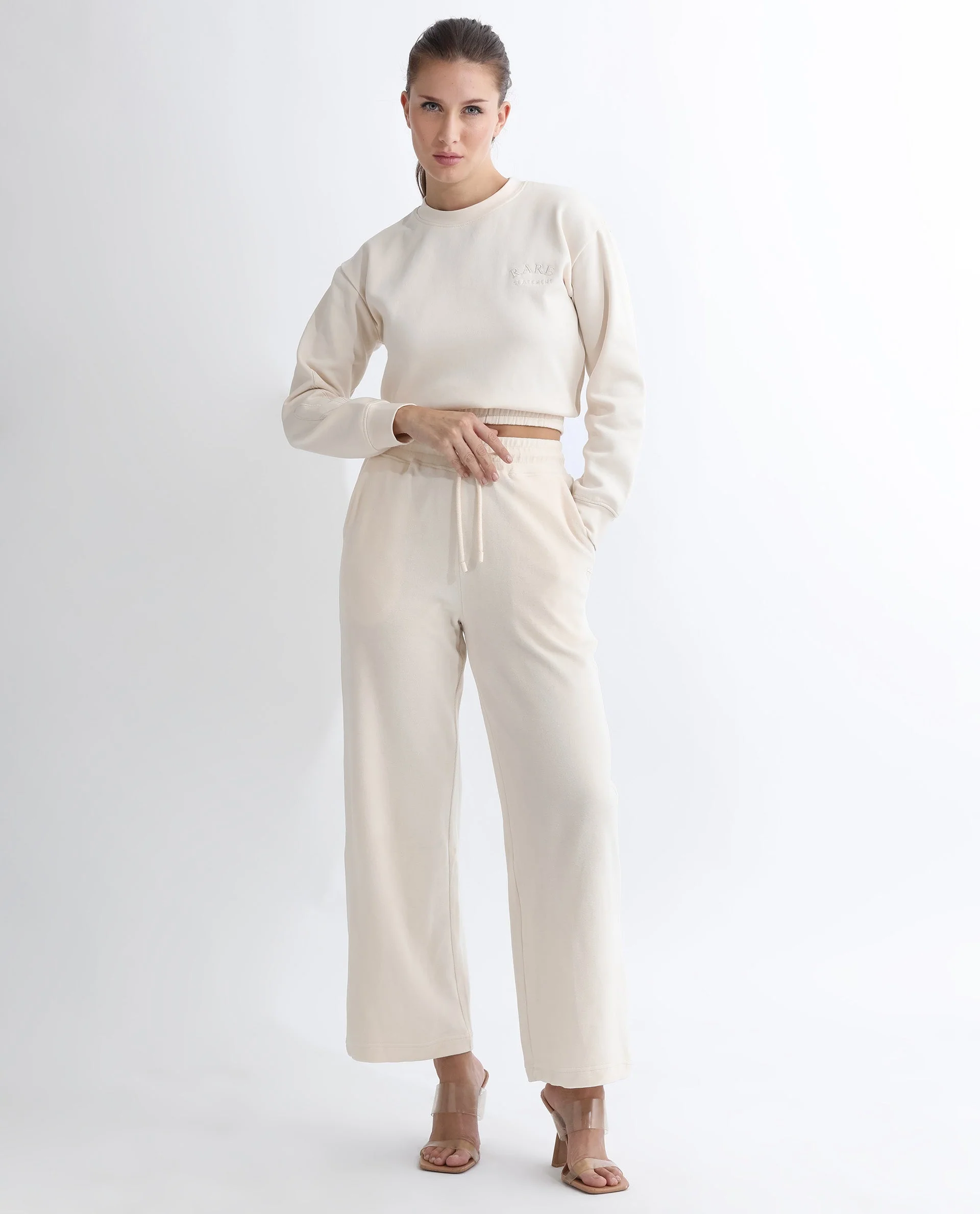 Rareism Women's Pazoo Tt Beige Cotton Blend Plain Ankle Length Flared Track Pant - Image 4