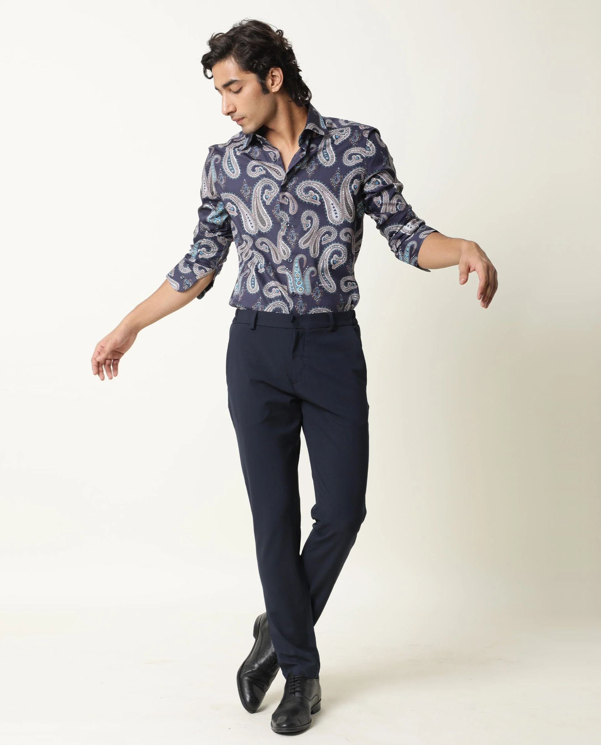 Rare Rabbit Men's Pazzo Navy Cotton Paisley Print Tailored Fit Full Sleeve Spread Collar Shirt - Image 3