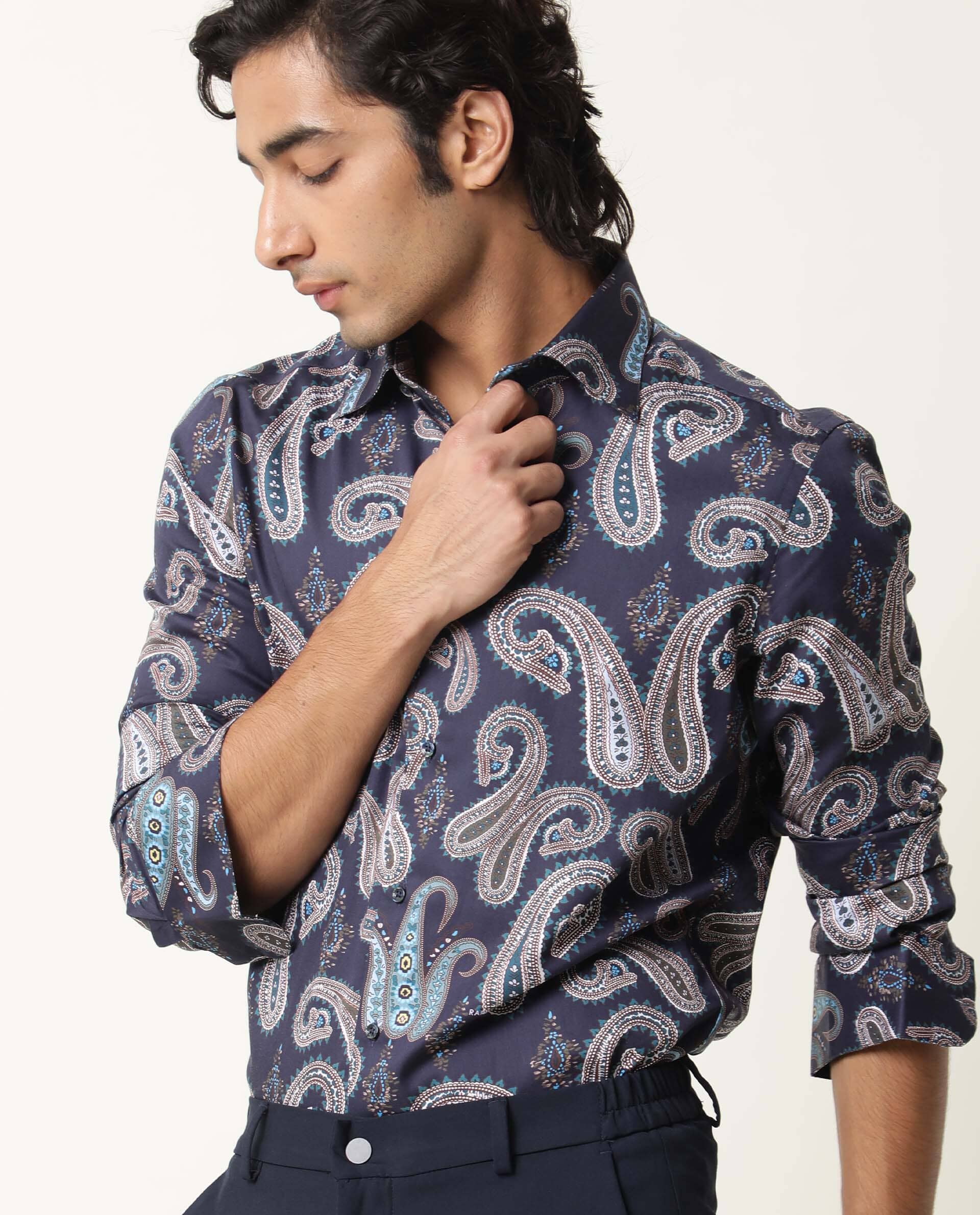 Rare Rabbit Men's Pazzo Navy Cotton Paisley Print Tailored Fit Full Sleeve Spread Collar Shirt - Image 4