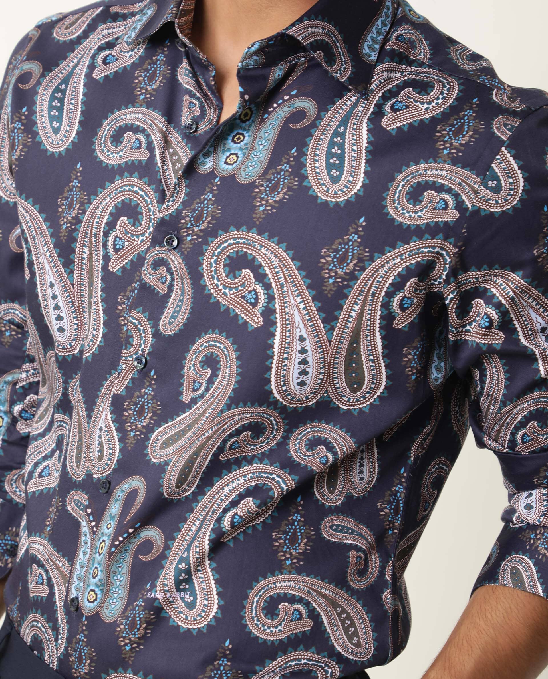 Rare Rabbit Men's Pazzo Navy Cotton Paisley Print Tailored Fit Full Sleeve Spread Collar Shirt - Image 5