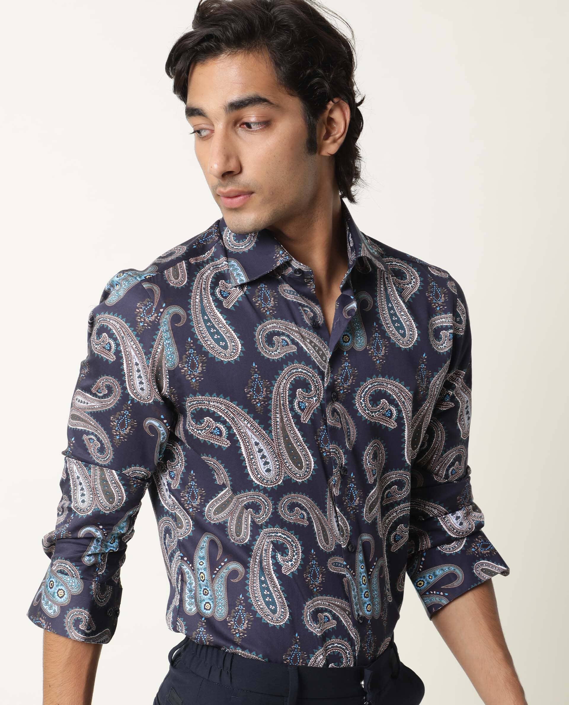 Rare Rabbit Men's Pazzo Navy Cotton Paisley Print Tailored Fit Full Sleeve Spread Collar Shirt - Image 6