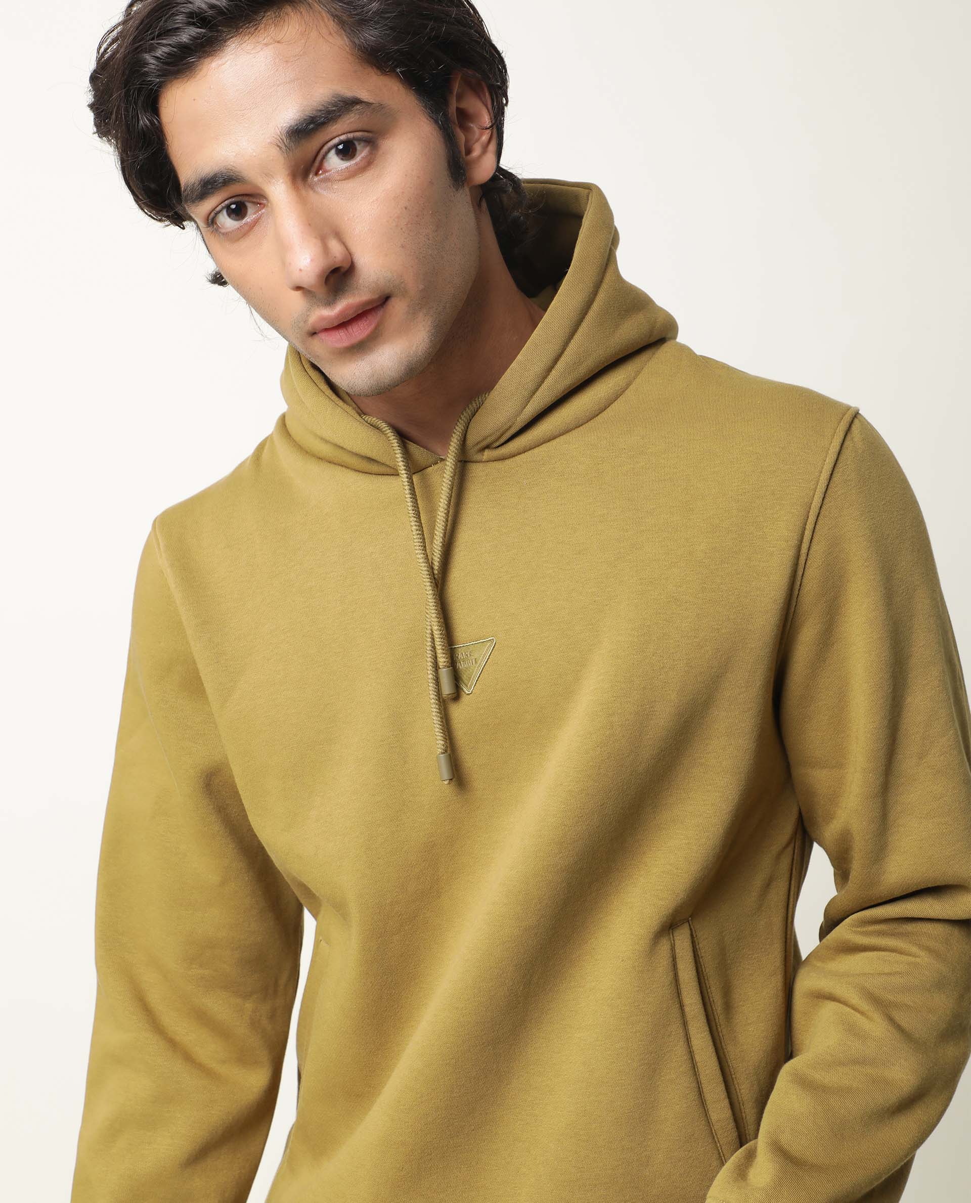Rare Rabbit Men's Peach Olive Cotton Plain Relaxed Fit Full Sleeve Hooded Sweatshirt